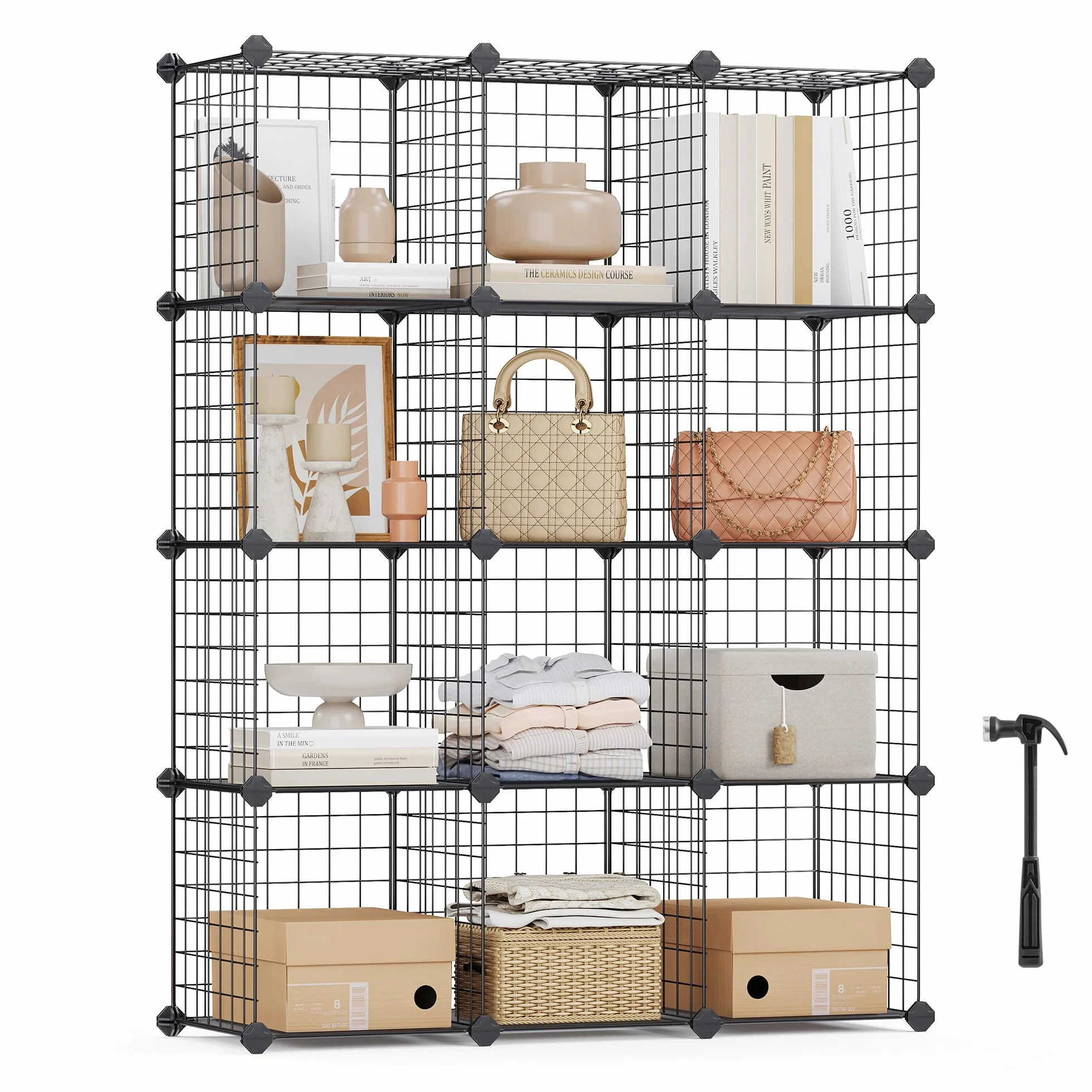 SONGMICS Scaffale a 12 Scomparti di Griglia Metallica, Organizzatore Modulare ad Incastro con Pannelli di Plastica PP, per Libri Scarpe Vestiti, Soggiorno Bagno, 31 x 93 x 123 cm, Nero LPI34H