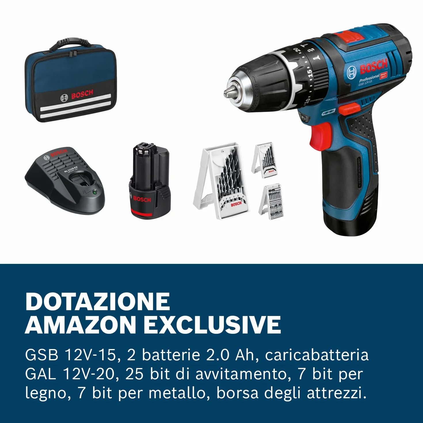 Bosch Professional Sistema 12V Trapano Avvitatore Con Percussione GSB 12V-15, Incl. Batteria 2x2.0 Ah + Caricabatterie, 2x Set Di Trapani, 1x Set Di Punte, In Borsa, Amazon Exclusive Set