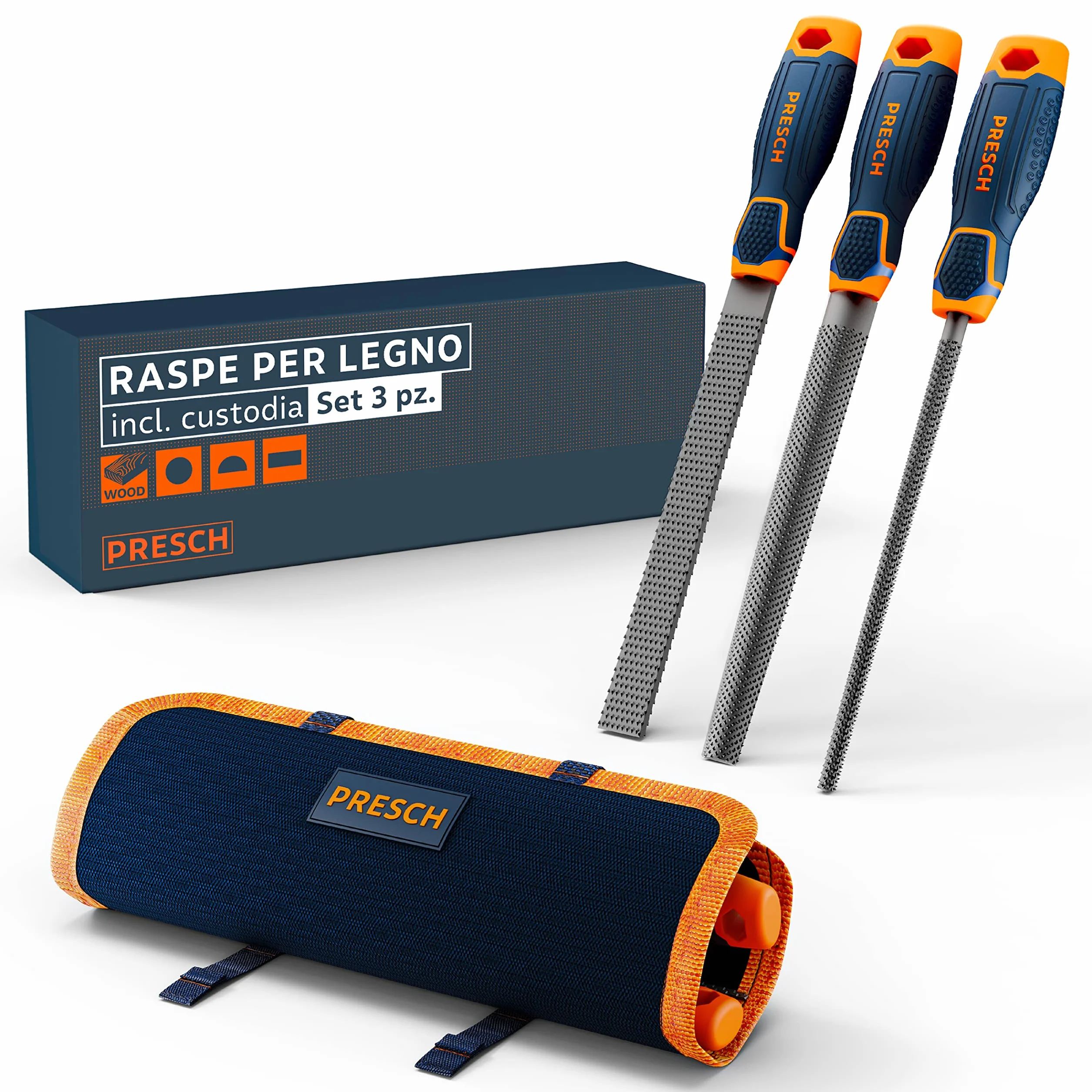 Set di raspe per legno Presch 3 pezzi incl. borsa - Set di raspe per legno di alta qualità comprendente raspa piatta, mezza raspa rotonda e raspa rotonda.