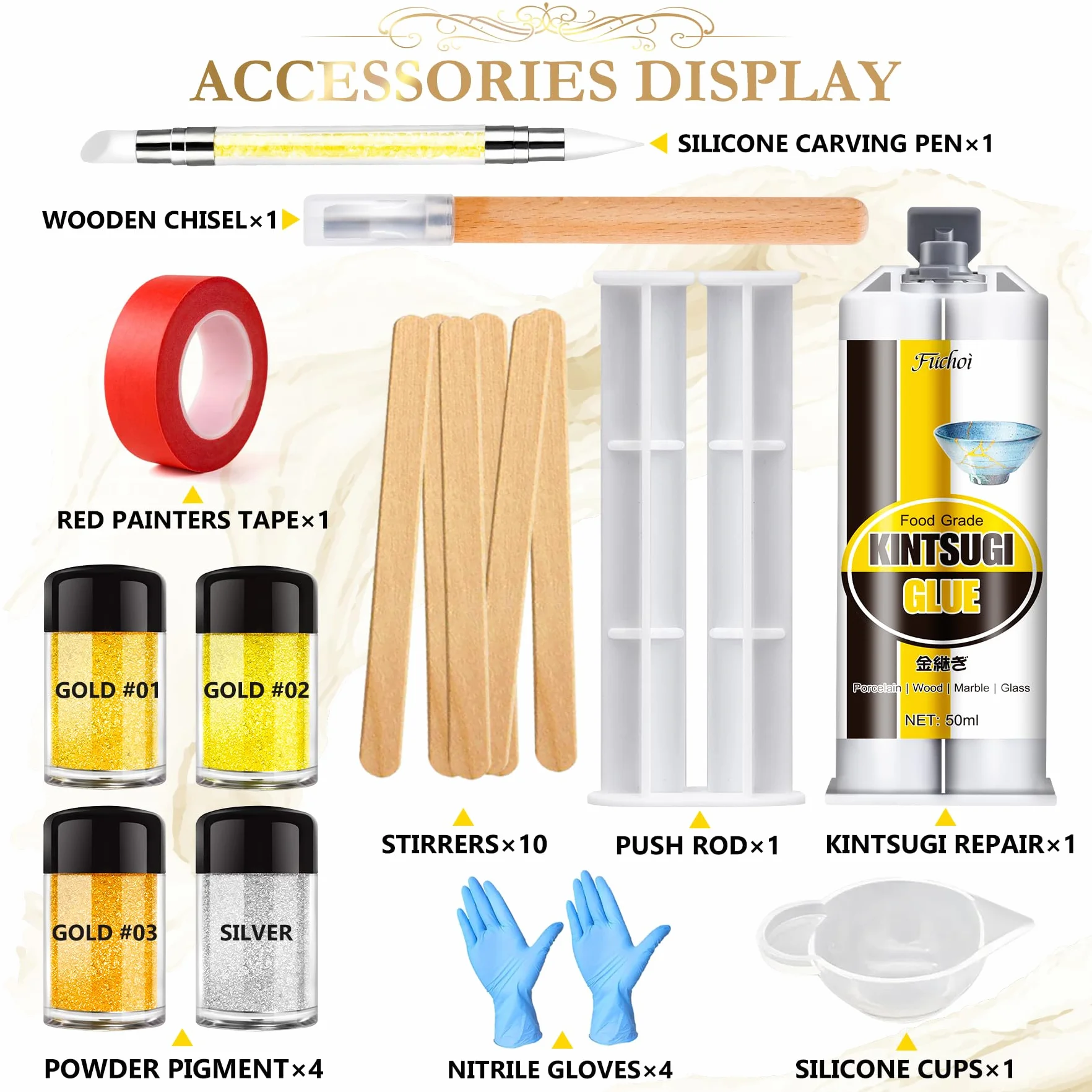 Kit di Riparazione Kintsugi Nuovo, Kit Kintsugi Giapponese con 50ml Colla Ceramica per Alimenti, 4 Colori Polveri (Oro/Argento/Mica) per Riparare Ceramica/Porcellana/Gioielli/Vetro, Per Principianti