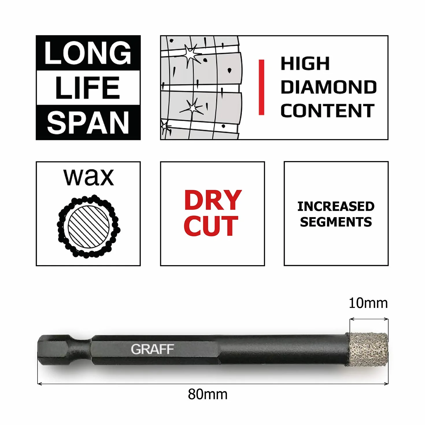 GRAFF 8mm Punte diamantate Gres Porcellanato – Punte Trapano Professionali per Piastrelle, Mattonelle, Granito, Ceramica, Pietra – Trapano con codolo esagonale
