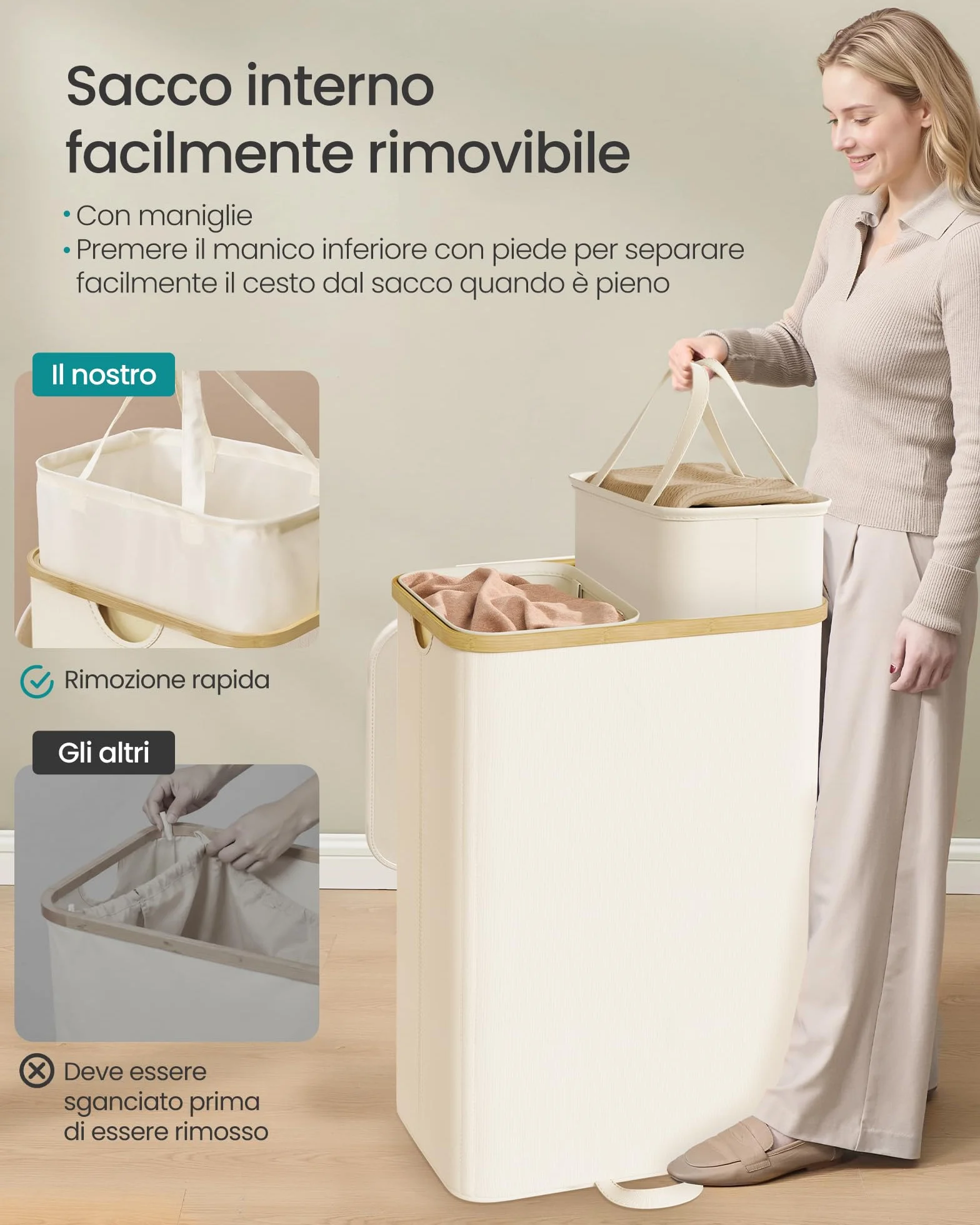 SONGMICS Cesto Portabiancheria con Coperchio, Cesta Porta Biancheria Sporca, Sacchi Interni Rimovibili, Telaio in Bambù, Lavanderia Camera da Letto, 2 Scomparti, 150 L, Bianco Crema LCB532WD01