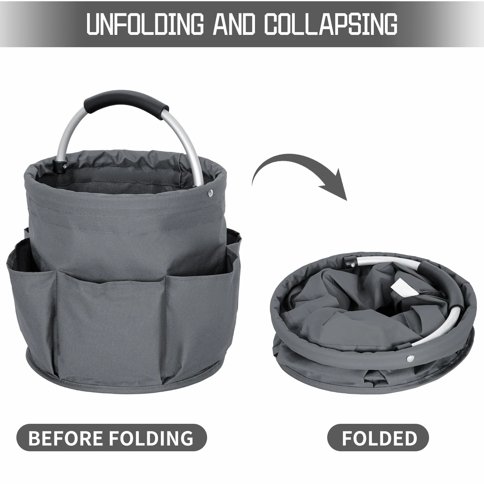 Contenitore per la pulizia con manico pieghevole, organizer tasche, borsa strumenti grigio