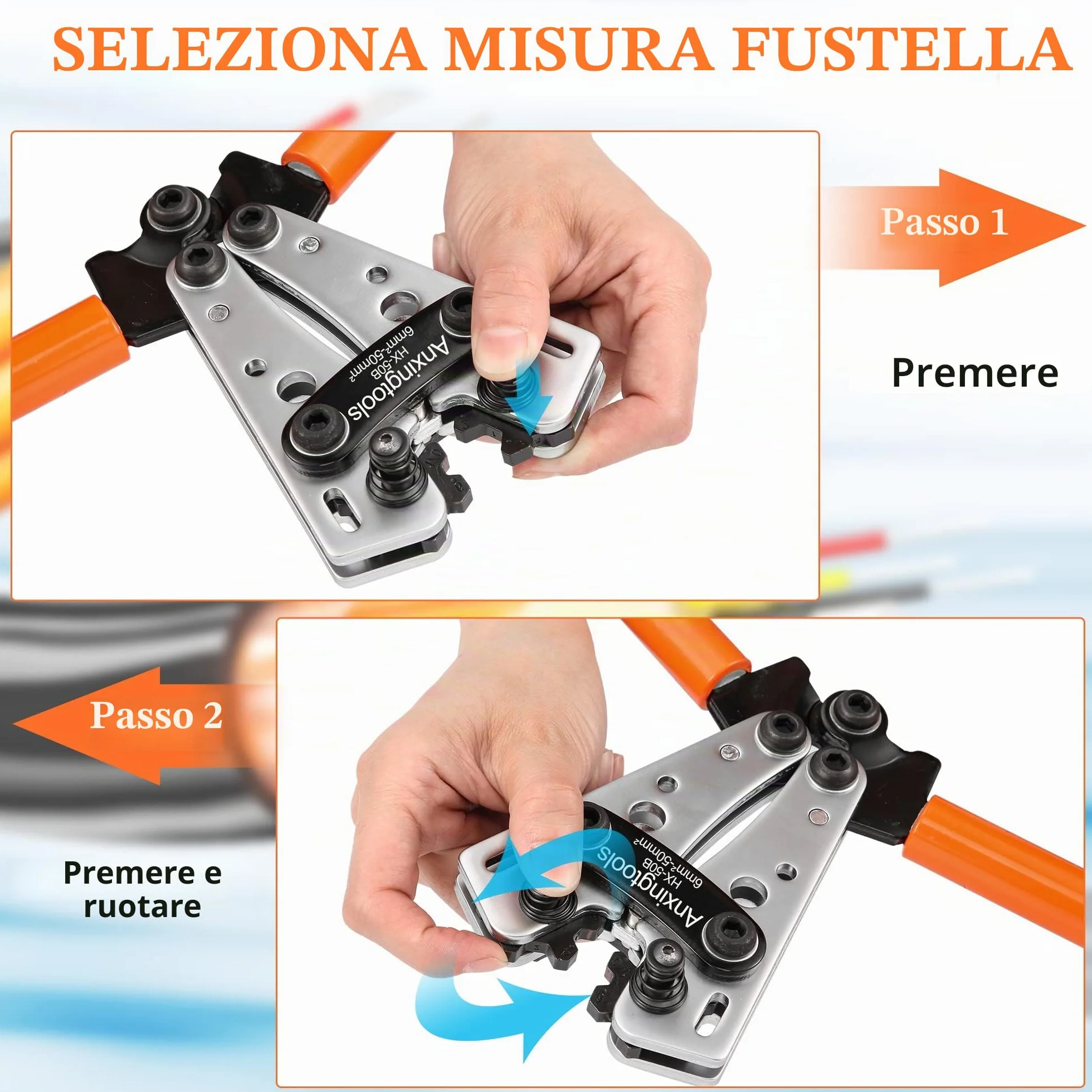 Strumento di crimpatura del cavo della batteria per terminali ad anello in rame della batteria da 6/10/16/25/35/50 mm², capicorda in rame, piegatore resistente per capicorda (HX50B Crimper)