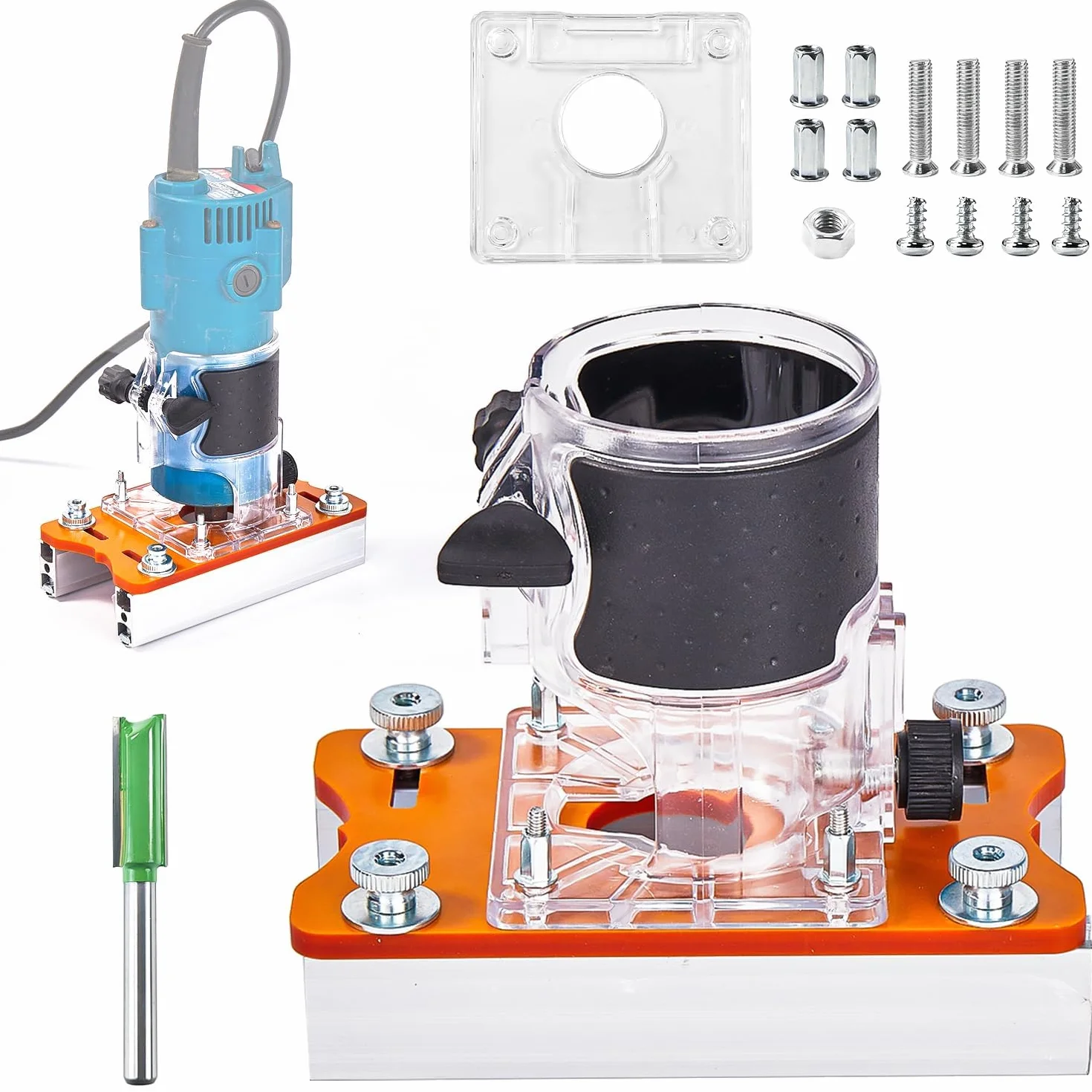2 in 1 Fresatrice Verticale per Legno, Set di Piastra Base con Guida per Rifilatore/Fresa da 65mm, Precisione Accessorio Multifunzionale in Alluminio per Lavorazione Legno e Fai da Te