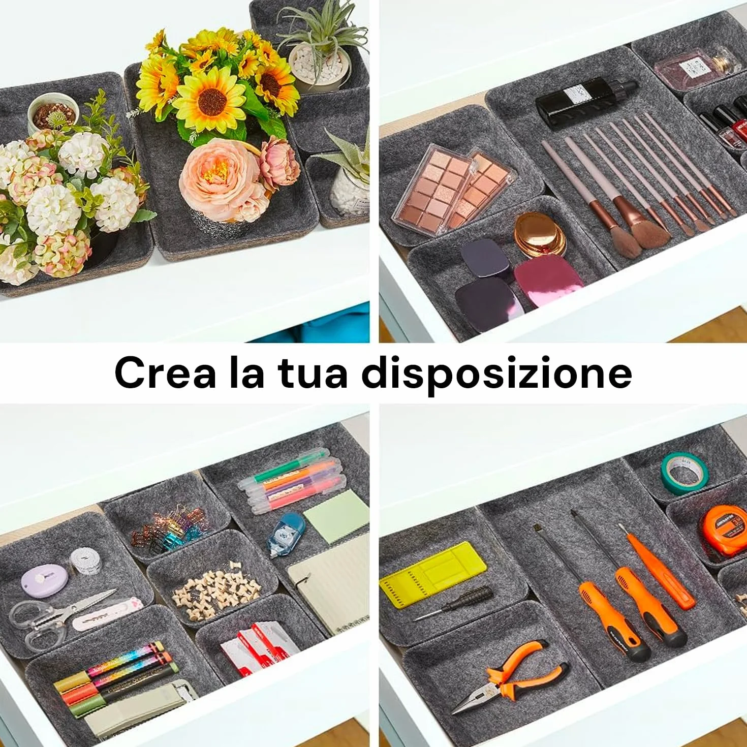 Wintem 8 Contenitori Portaoggetti in Feltro Grigio - Set Organizer Diverse Forme e Misure Ideali per Scrivania, Armadi e Cassetti - Ottimo per Ordinare non Solo l'Abbigliamento ma Anche Utensili