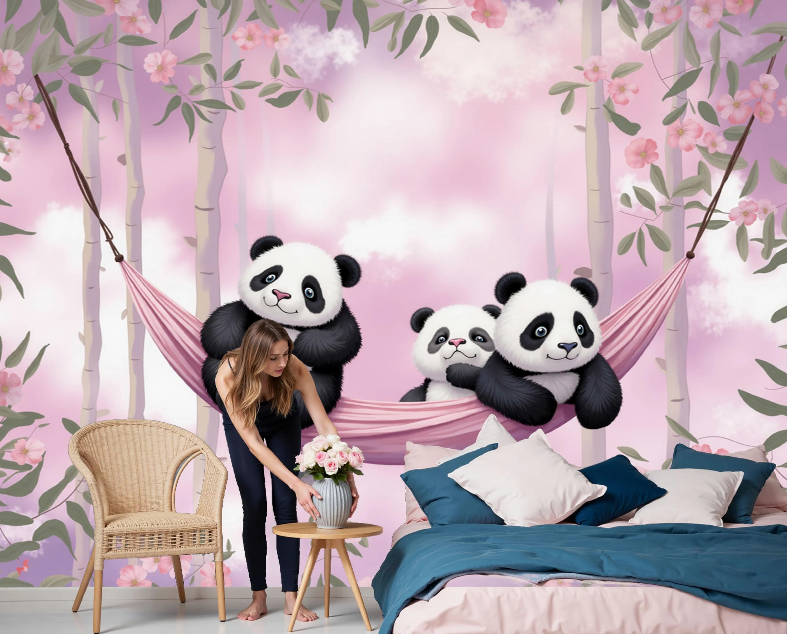 Carta da Parati no Adesiva Muro Fiori e nuvole Carta da Parati Camera da Letto Panda animale per Home DIY Decoration Wall no Adesiva rosa Muro 350x256cm
