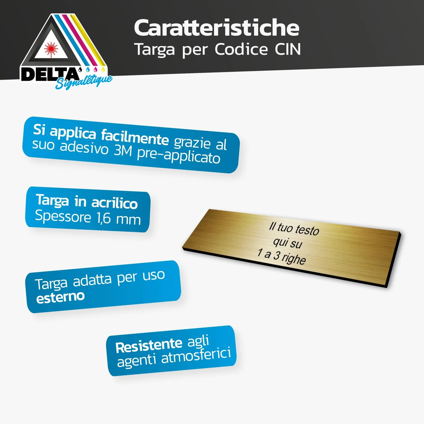 Targhetta incisa personalizzabile autoadesiva per codice CIN - alluminio spazzolato - formato 10 x 2,5 cm