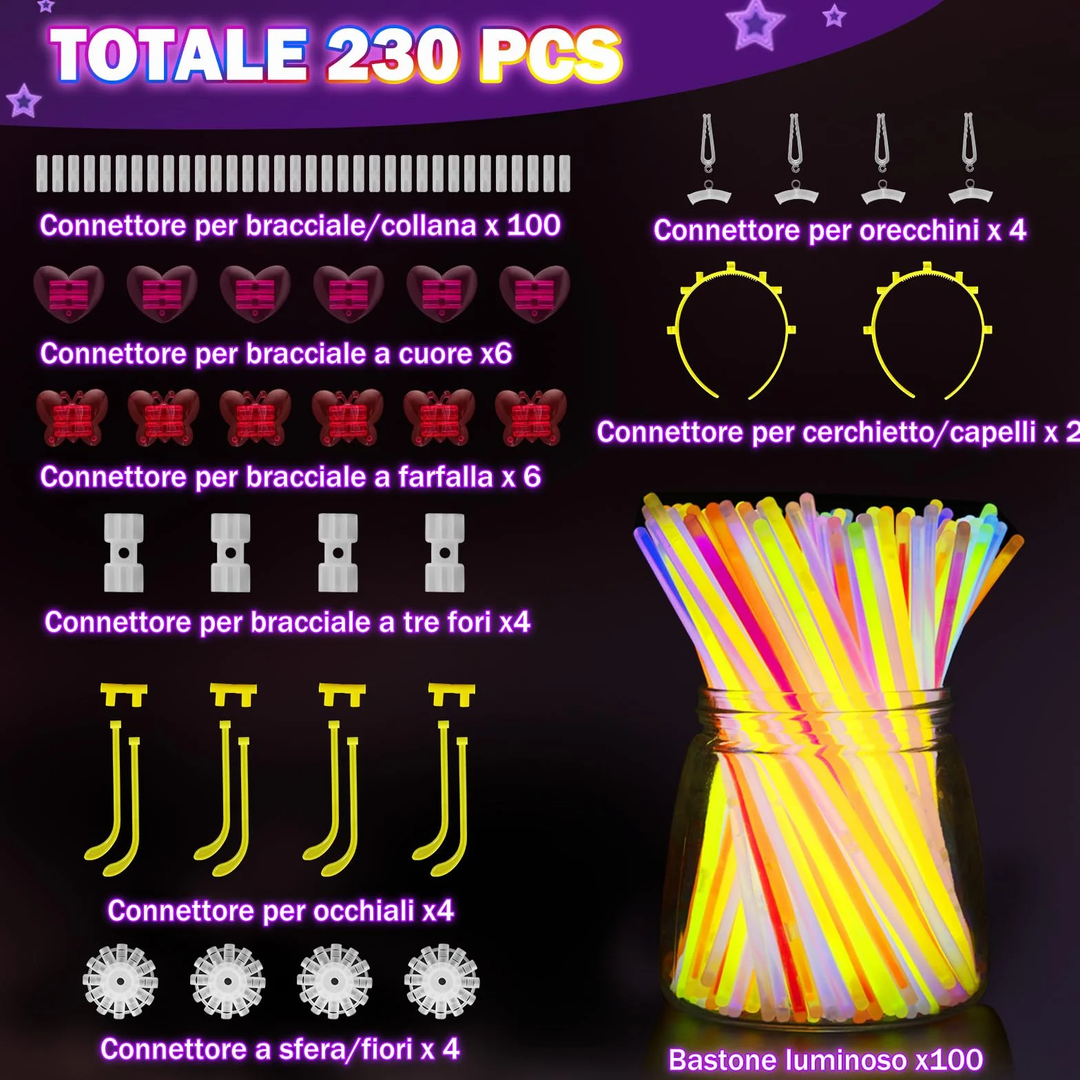 Starlight Glow Sticks Fluorescent Party Kit 230 Braccialetti Luminosi 130 Connettori
