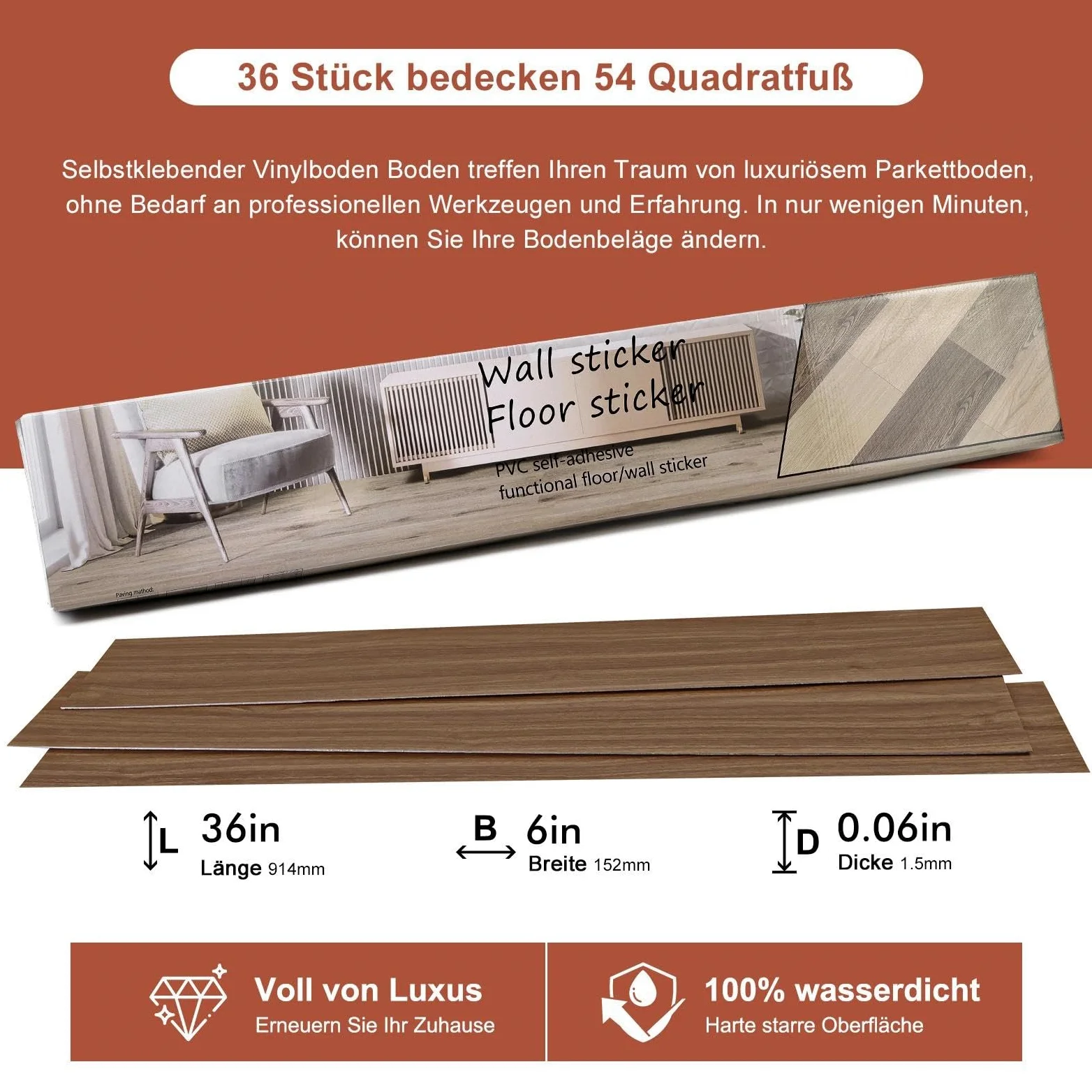 36 piastrelle per pavimenti in vinile color noce chiaro, autoadesive, rimuovere e incollare, 5,02 m², per soggiorno, bagno, cucina, camera da letto