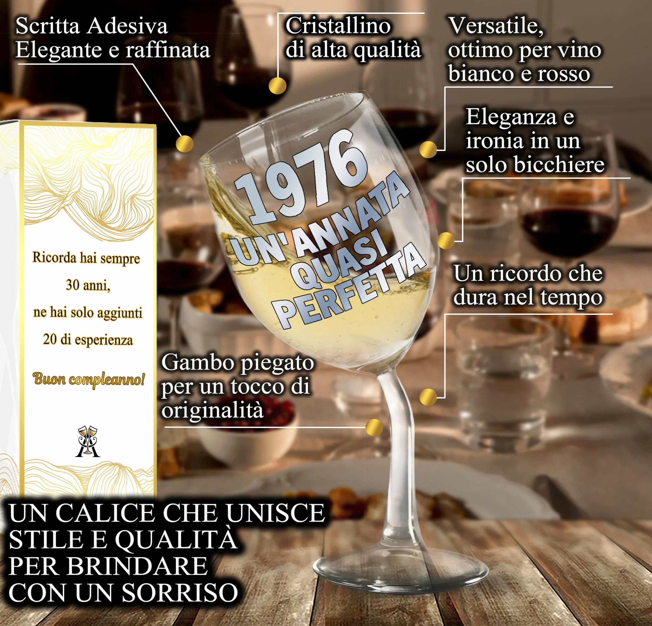 Calice Vino Personalizzato 50 ANNI - Bicchiere Piegato 440ml Cristallino Compleanno Regalo Originale 1976 con Scatola