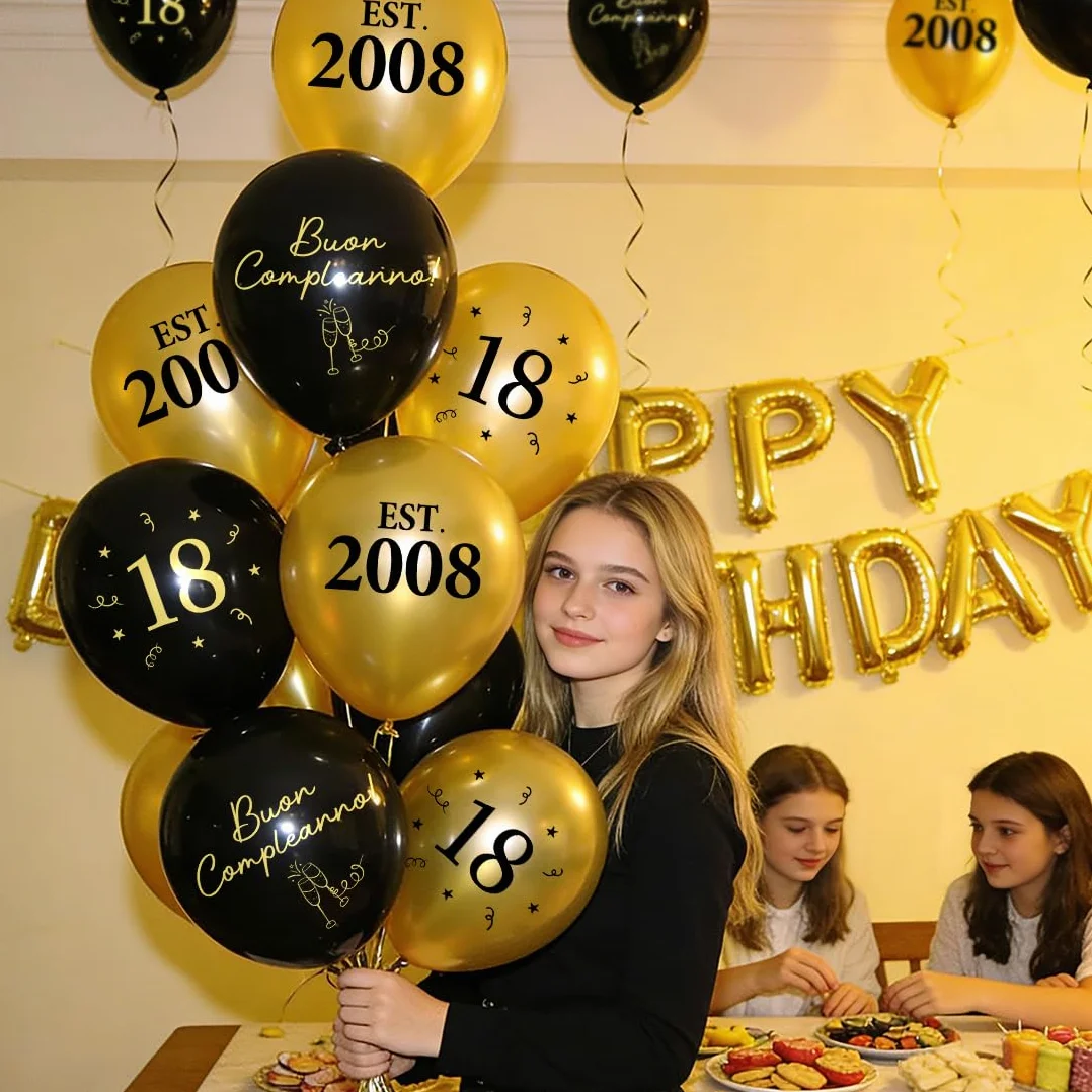 Decorazione per 18° Compleanno Nero Oro, Palloncini 18 Anni, 2008 Buon Compleanno Ragazzi Ragazze