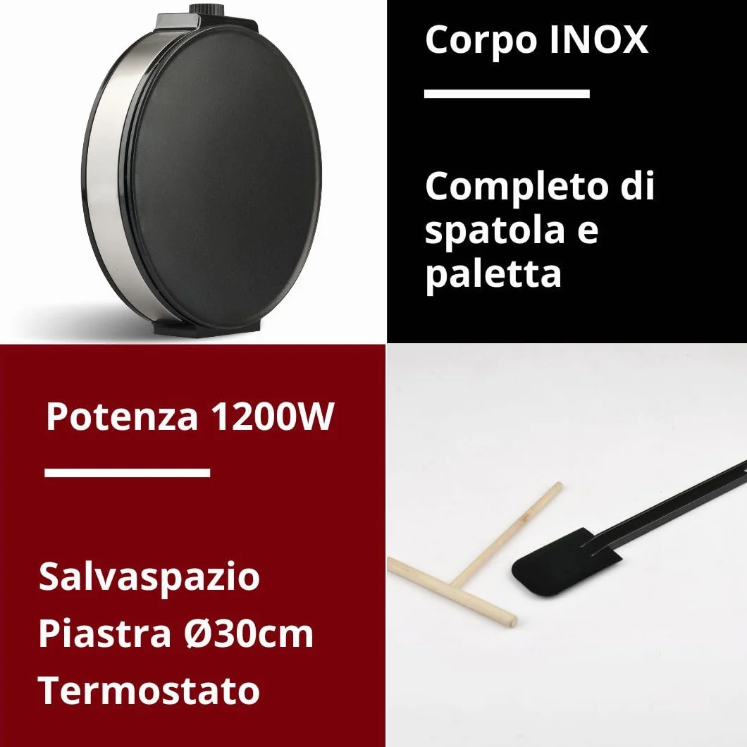 G3 Ferrari G10098 Profi- Crepe Crepiera Elettrica 1200W, Piastra da 30 cm in Inox, Rivestimento Antiaderente, Temperatura Regolabile, Spatola e Paletta in Legno Incluse