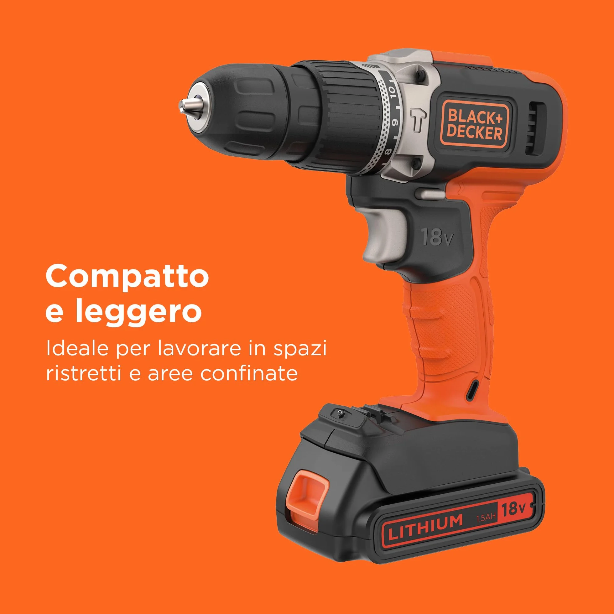 BLACK+DECKER Trapano a percussione a batteria da 18V a 2 velocità con due batterie da 1,5Ah e caricatore da 400mA, coppia di 45Nm, luce da lavoro a LED, BCD003C2K-QW