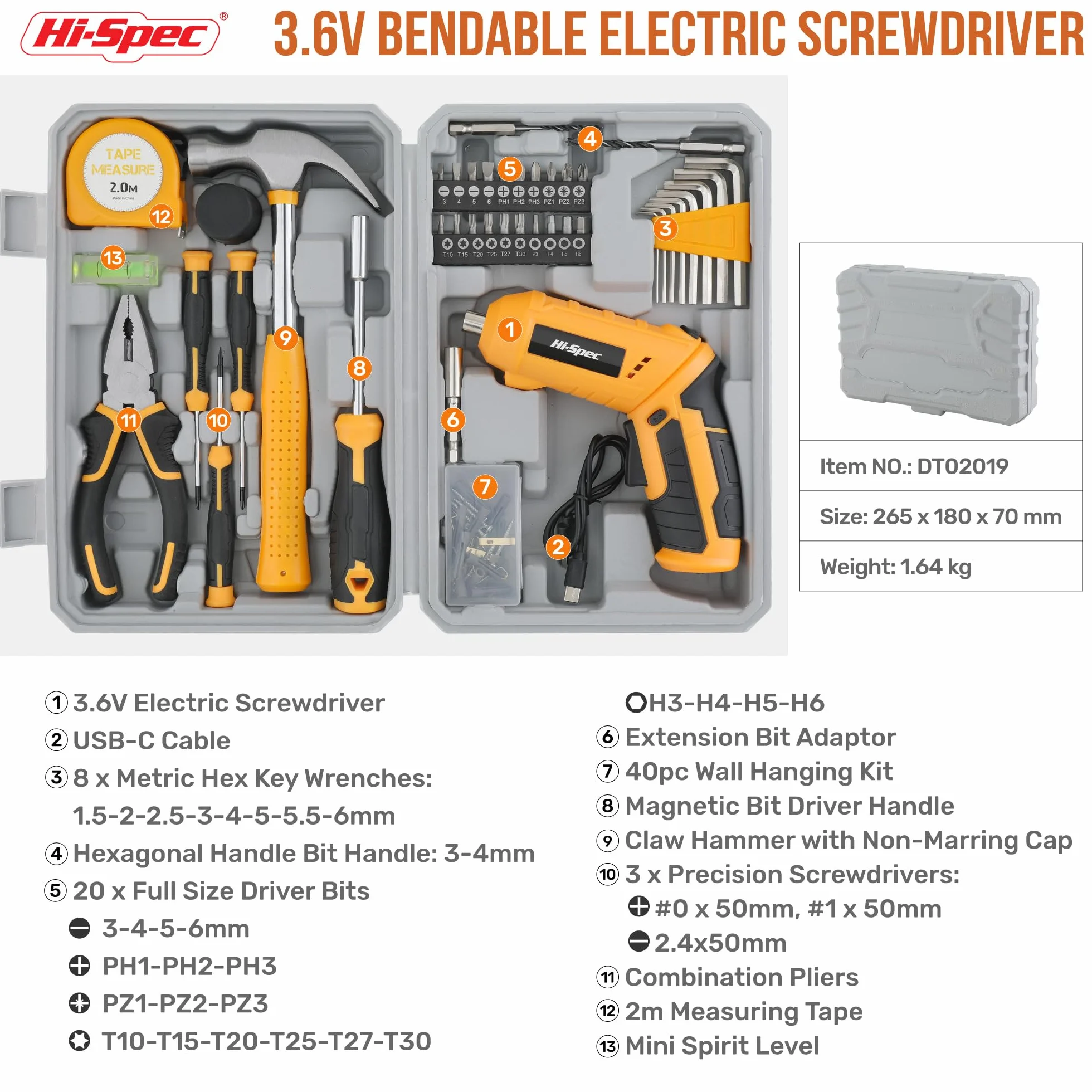Hi-Spec Set da 42 pz con Avvitatore Elettrico USB 4V & Attrezzi per la Casa. Cacciavite Senza Fili e Utensili Manuali in Valigetta Compatta