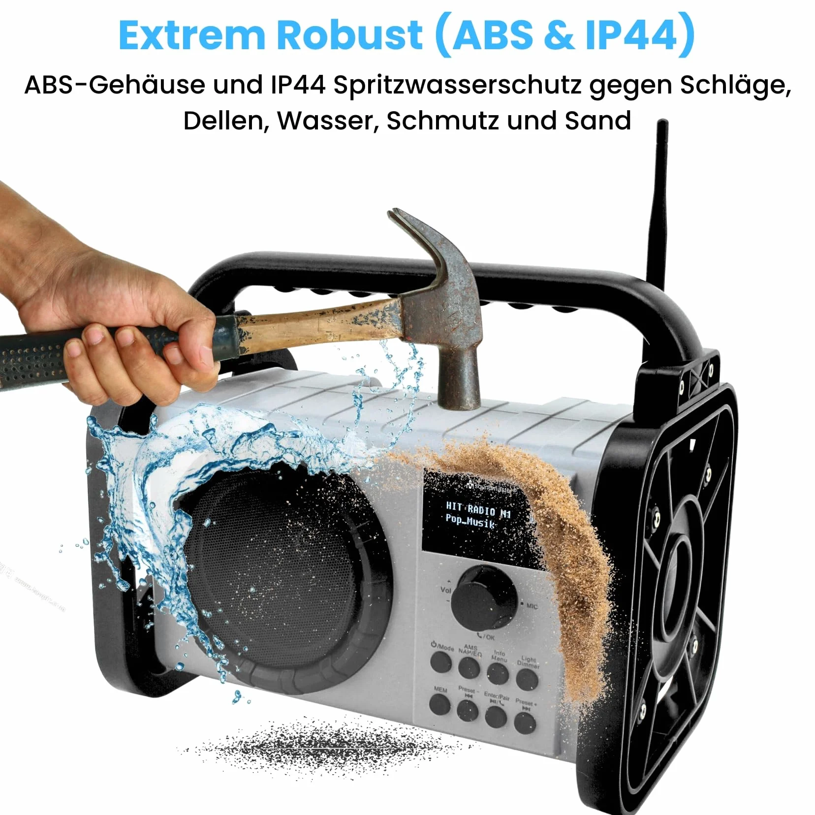 Soundmaster Radio DAB80SW da cantiere con DAB+ FM Bluetooth e batteria agli ioni di litio IP44, resistente alla polvere e agli spruzzi d'acqua, Nero