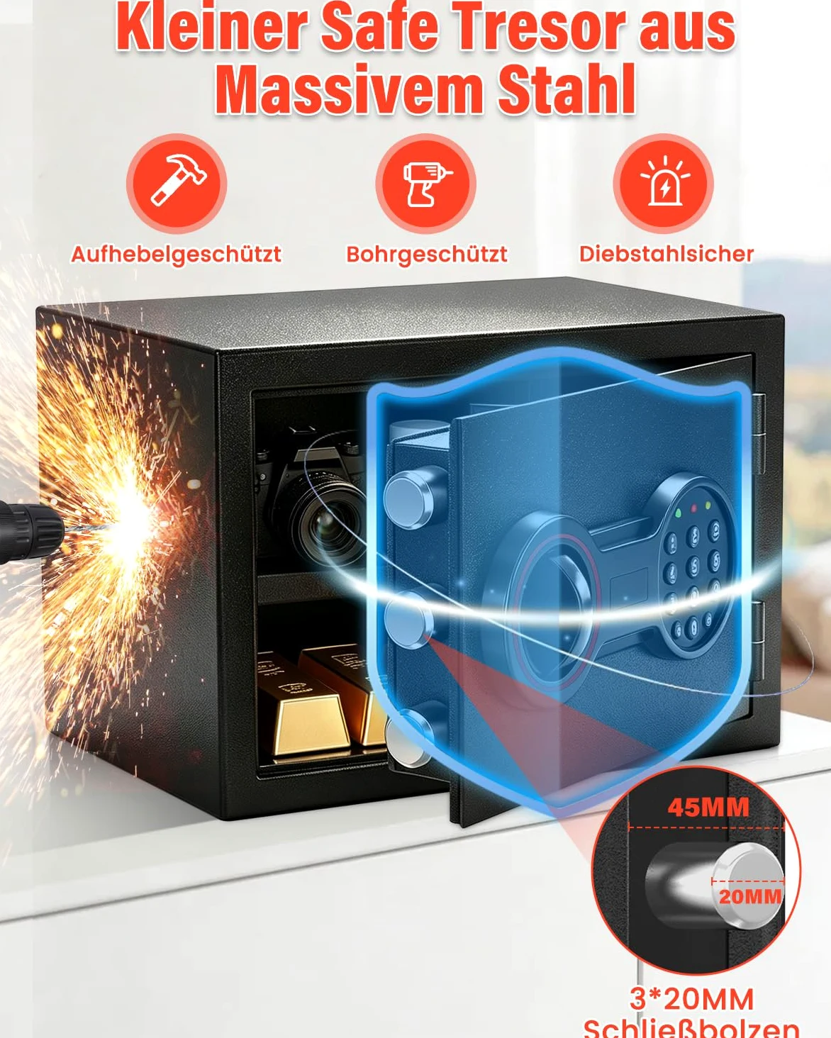 Cassaforte ignifuga per casa, mobile digitale con serratura a combinazione, sistema di allarme e ripiano rimovibile, piccola cassaforte per contanti, documenti importanti, 25 l