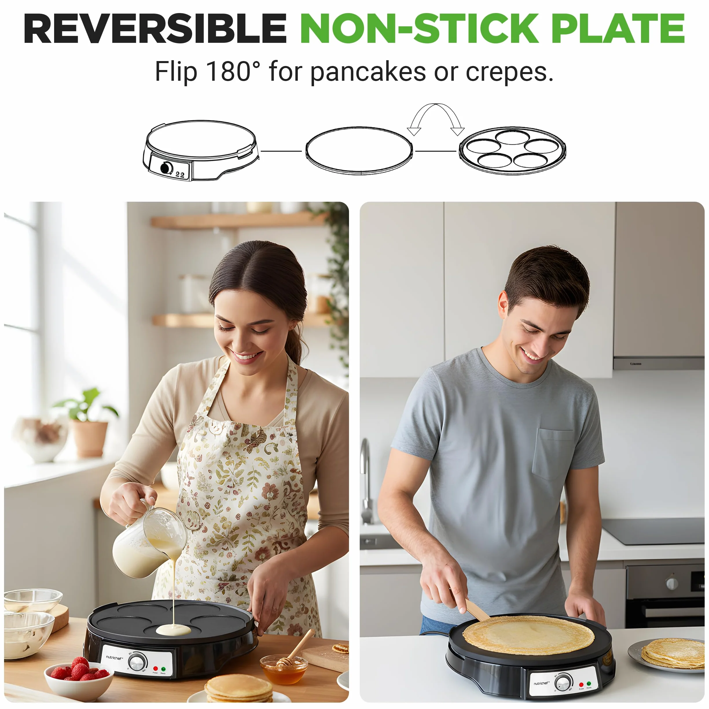 NutriChef Crepiera Elettrica 30 cm 1000W, Crepiera con Piastra Antiaderente Reversibile, Temperatura Regolabile, LED, Spatola e Dispenser, Ideale per Crepes, Crespelle, Pancake, Uova e Bacon