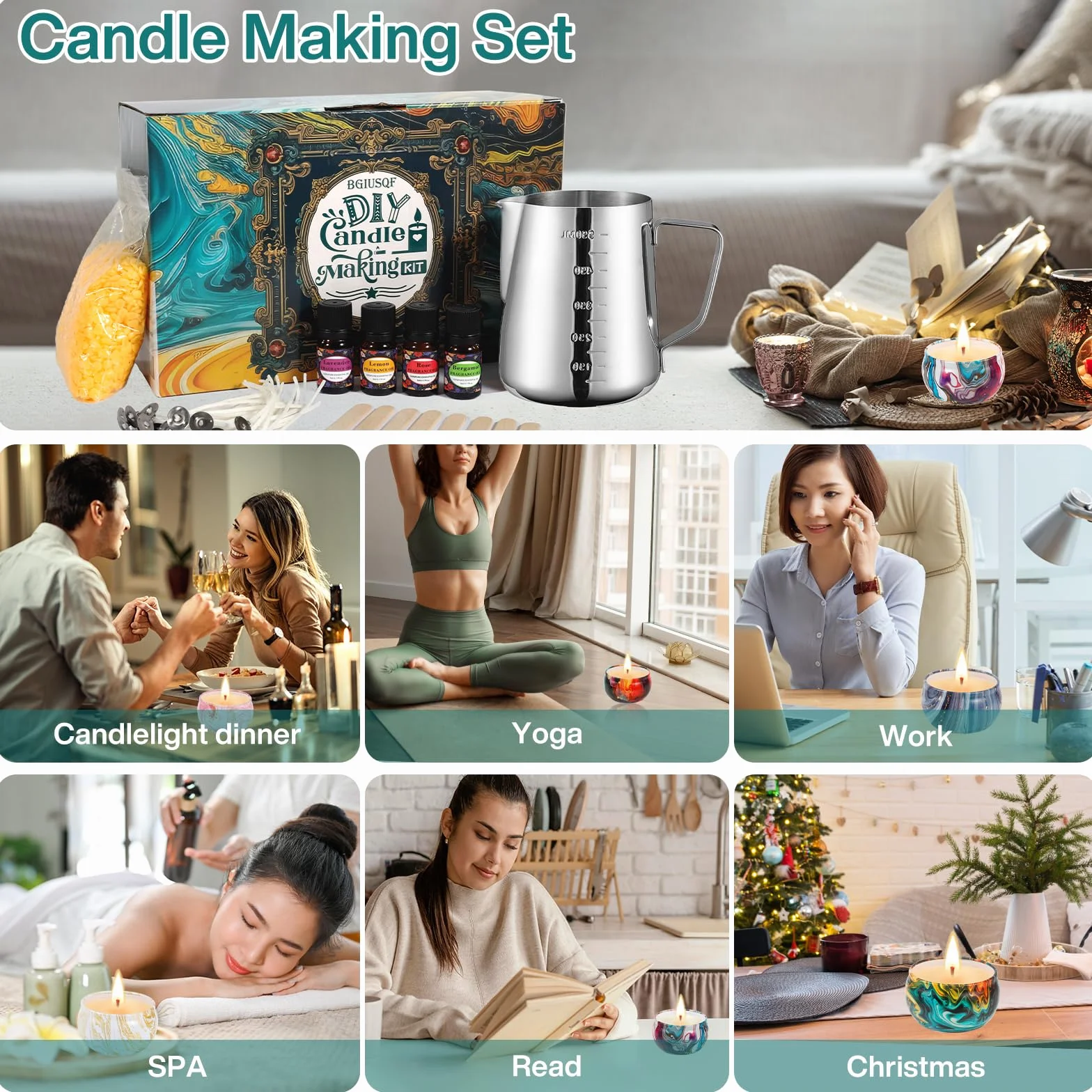 BGIUSQF Kit Candele Fai Da Te, Set per Realizzare Candele Include 8 Barattoli, 4 Confezioni di Cera D'api, Crogiolo, 30 Stoppini