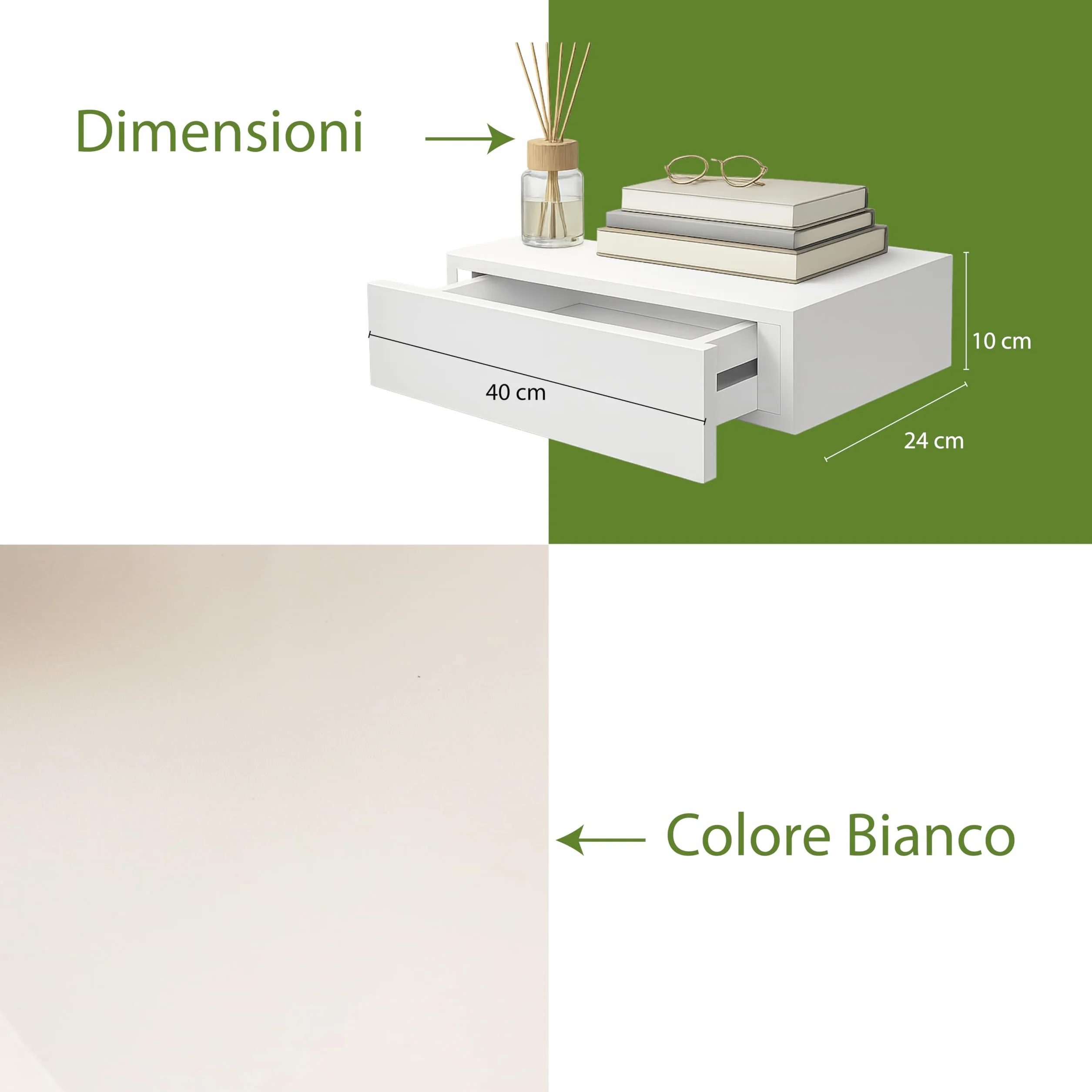 Mensola a Parete con Cassetto Integrato - in Legno, Sospeso, Design Moderno, Versatile, Salvaspazio, per Soggiorno, Ingresso, Camera da letto, Portata 5Kg - 40X24X10h CM (Bianco)