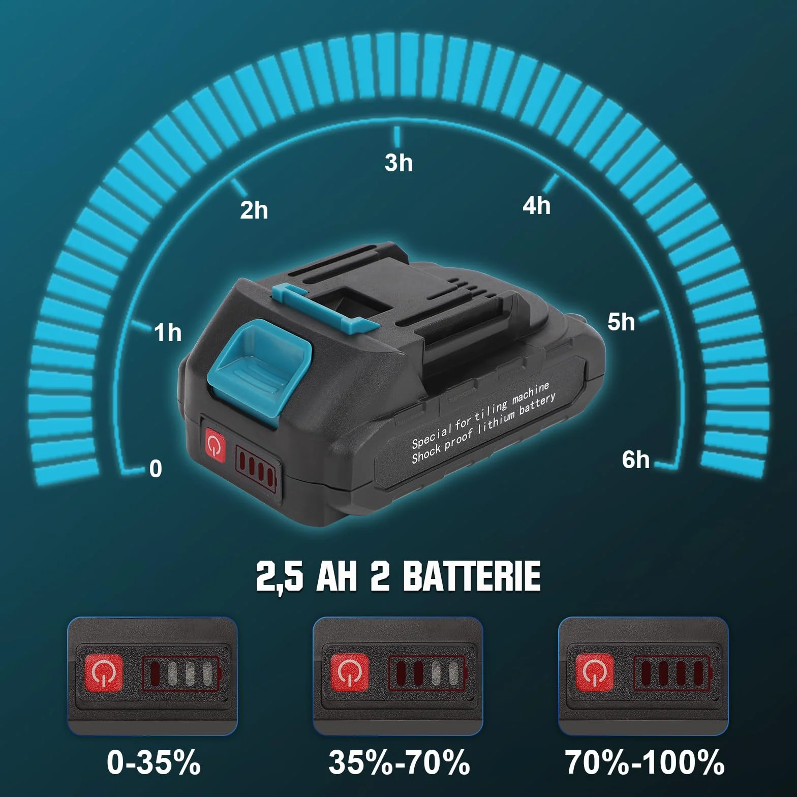 Vibratore per piastrelle, 12000 VPM, macchina per piastrelle, 30 – 225 mm, 250 kg, aggiornamento ventosa, 6 velocità, dispositivo di vibrazione per pavimenti regolabili (2 batterie da 2,5 Ah