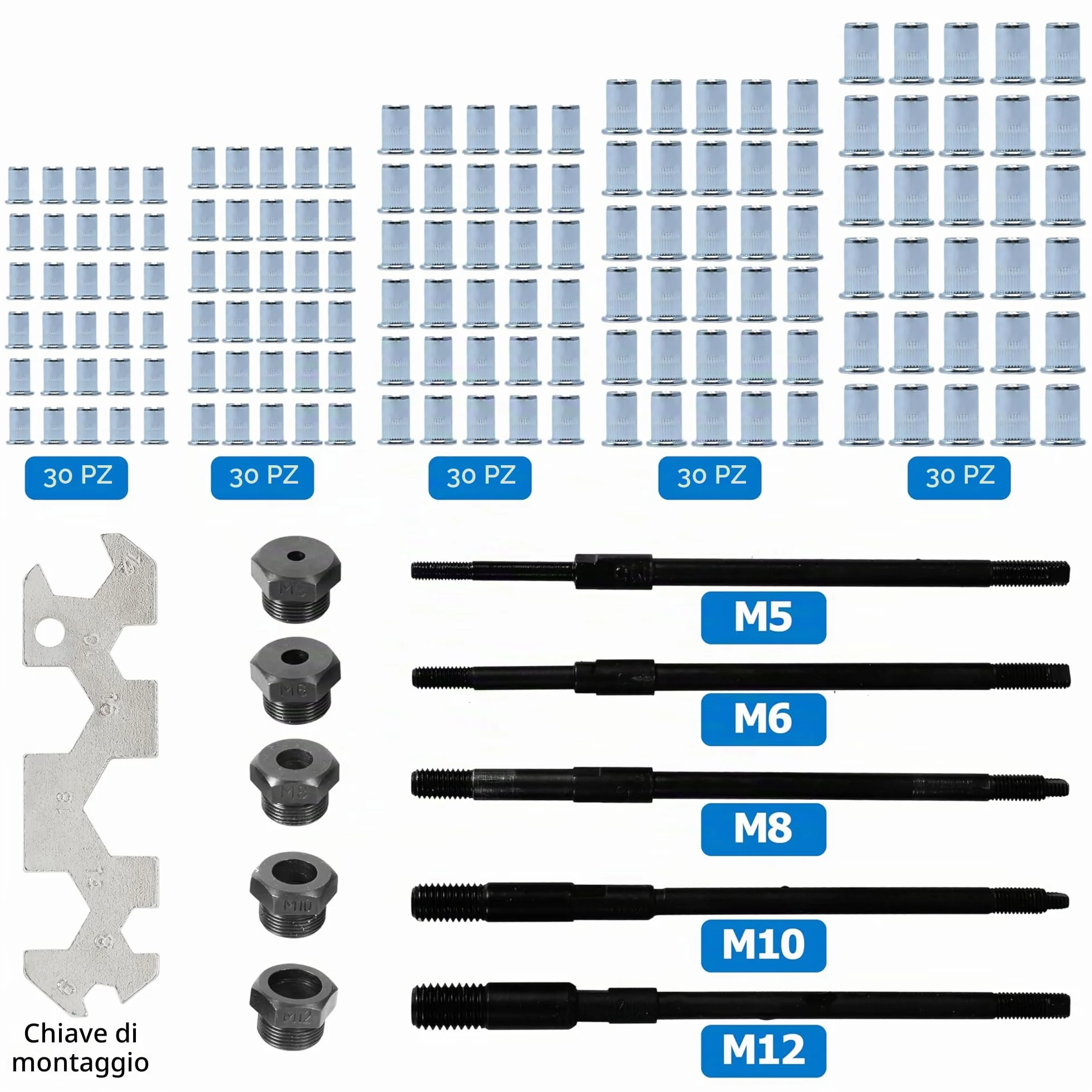 CCLIFE Rivettatrice Manuale per Inserti Filettati Set con Mandrini M5 M6 M8 M10 M12 150 Dadi Acciaio Inossidabile