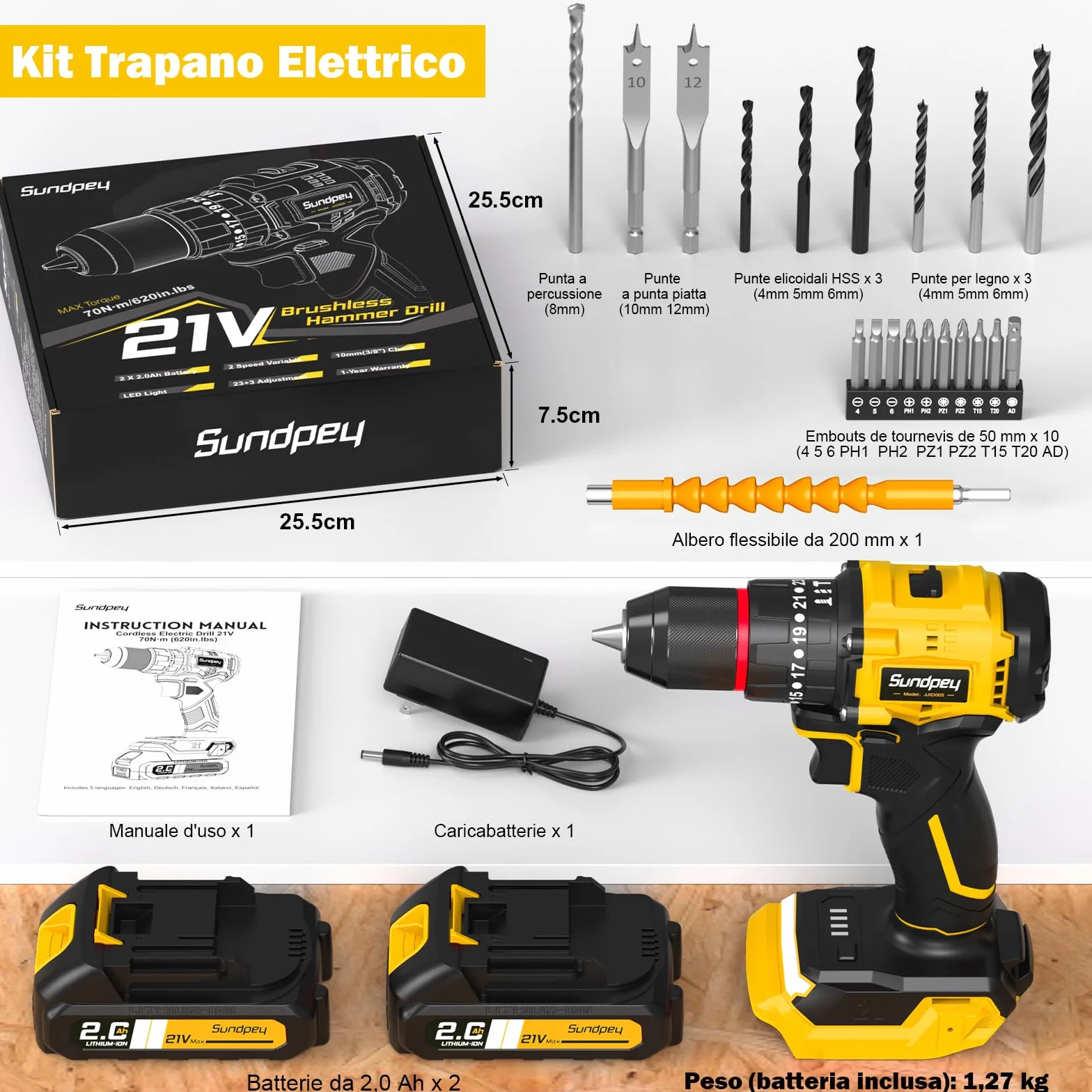 Sundpey 21V Trapano Avvitatore a Batteria - Max 70Nm Brushless Trapano a Percussione con 2 Batterie 2.0Ah, 23+3 Coppie, Mandrino 10mm, Luce LED, 2 Velocità Avvitatore Elettrico per Fai da te
