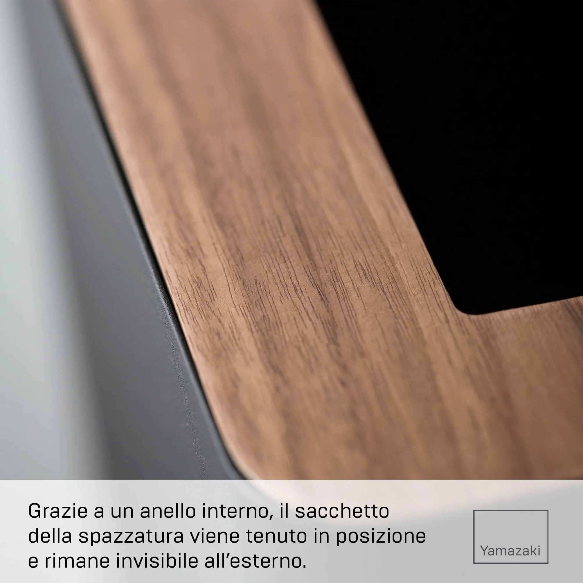 YAMAZAKI 3195 RIN Pattumiera rettangolare, nero, acciaio/legno, design minimalista, 28 x 15 x 30 cm (LxPxA)