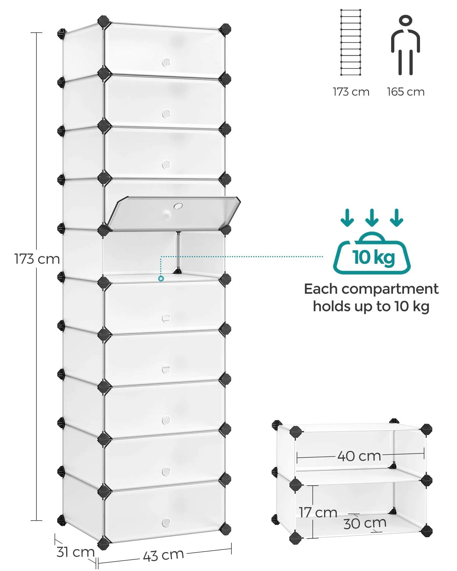 SONGMICS Scarpiera a 10 Scomparti, Scaffale Componibile in Plastica, Armadietto Portascarpe Fai da Te con Ante e Martelletto, Mobiletto Porta Scarpe, Bianco LPC10W