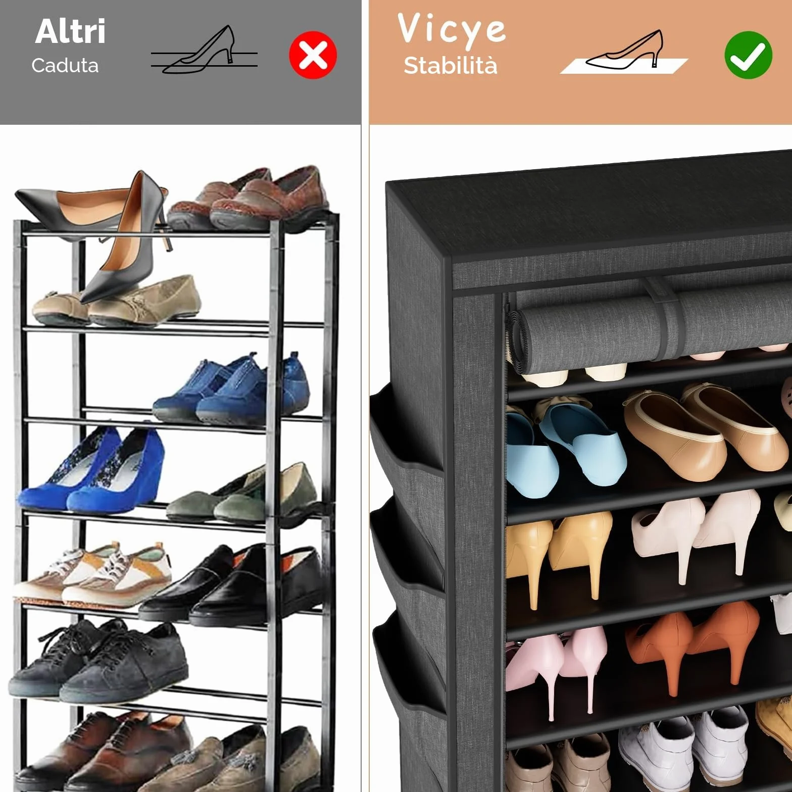Vicye Scarpiera in Tessuto 11 Piani per 36-41 Scarpe, Scarpiera Alta Slim con Copertura Antipolvere, Portascarpe a Risparmio di Spazio, Struttura in Metallo, Ideale per Ingresso o Soggiorno, Nero