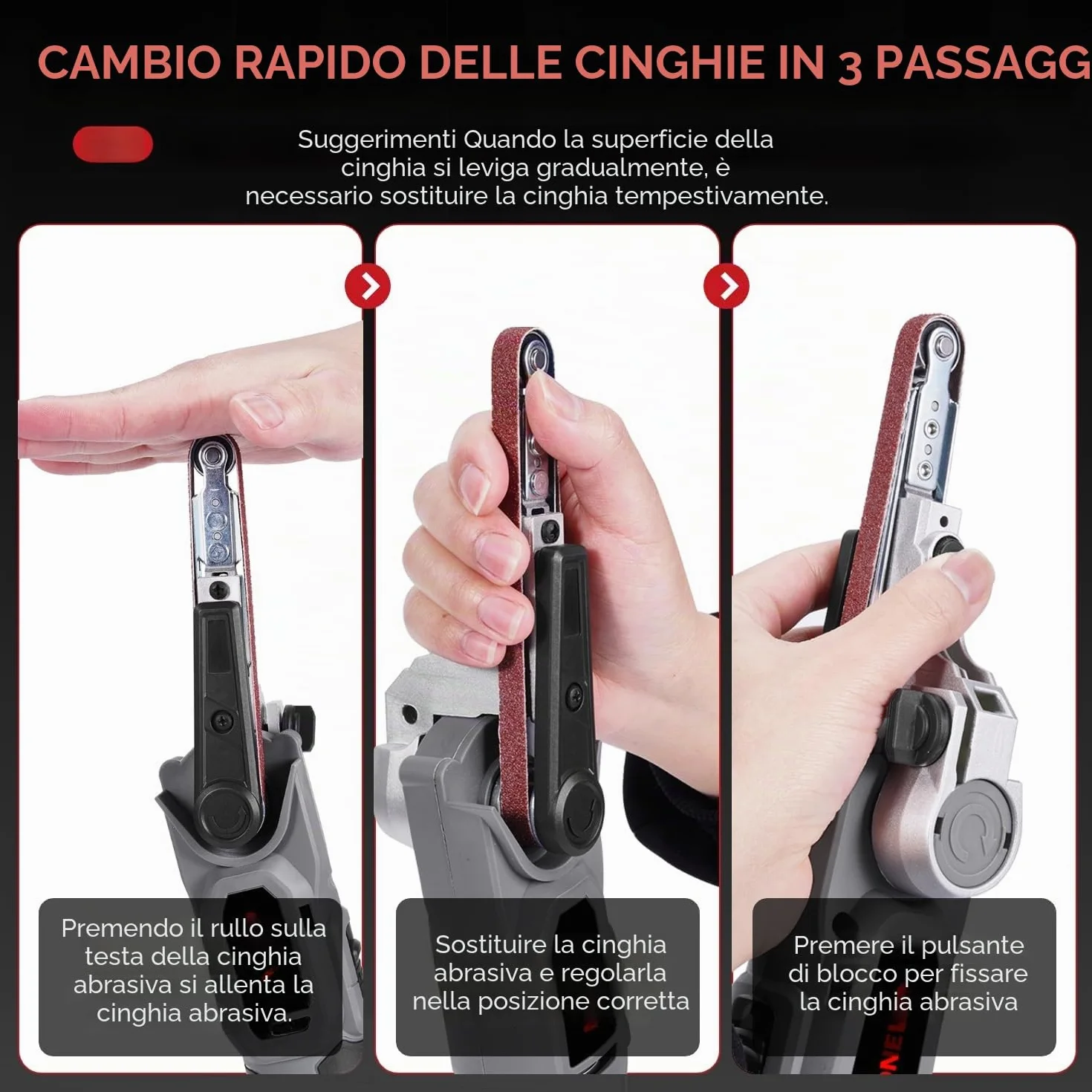 ONEVAN levigatrice a nastro senza fili, lima elettrica 2 batterie 2000 mAh, 6 velocità, 35°, per legno metallo