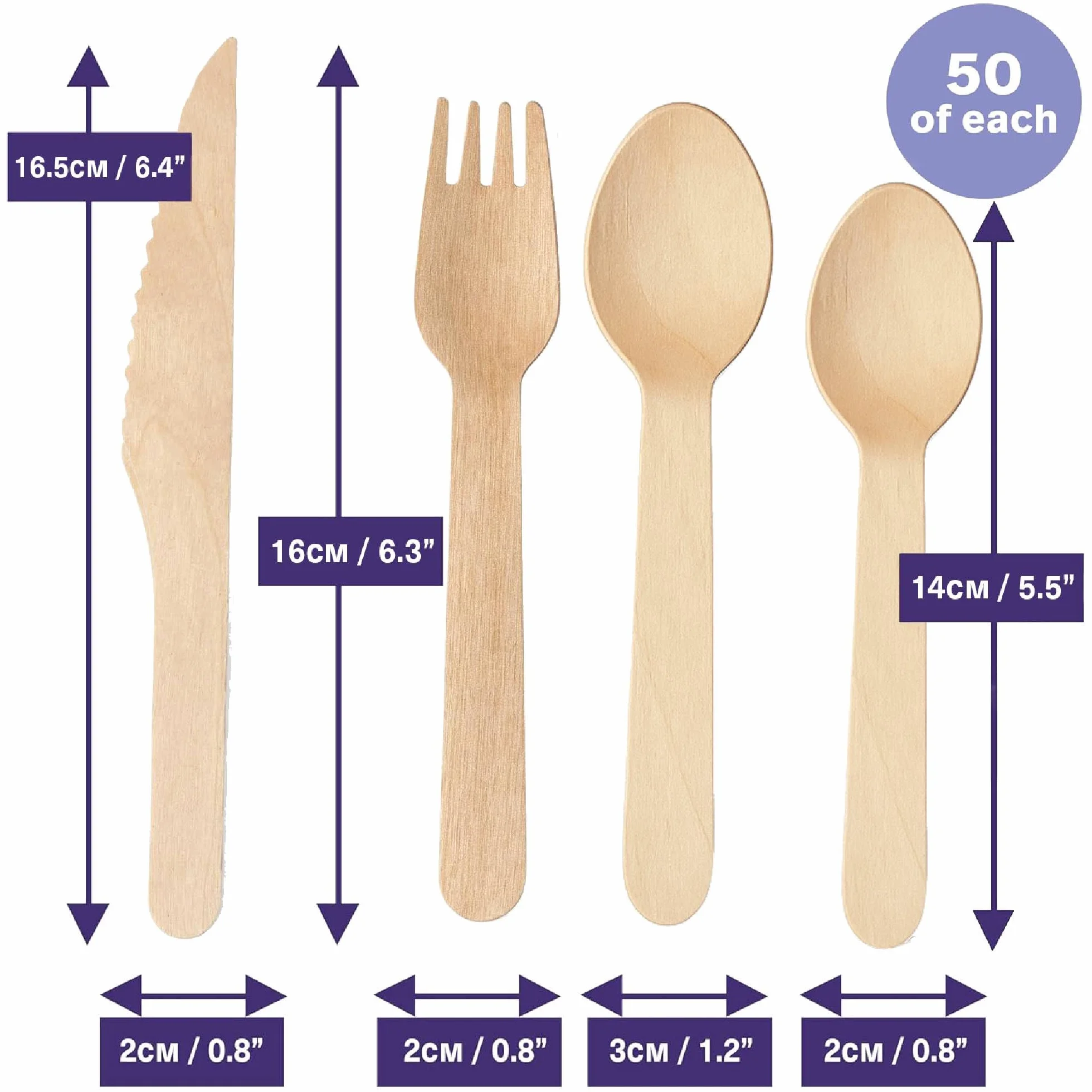 MATANA 200 Posate in Legno Usa e Getta - 50 Coltelli, 50 Forchette, 50 Cucchiai, 50 Cucchiaini - Senza Plastica, Ecologico, 100% Legno Naturale