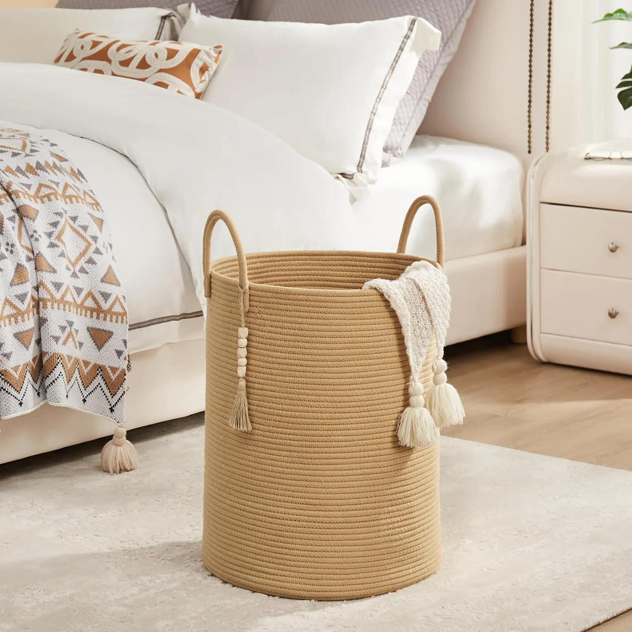 YOUDENOVA Cesto Portabiancheria Intrecciato per Giocattoli,Cesto Biancheria Sporca con Maniglia Cotone, Cesta Decorativa per Vestiti 58L marrone puro