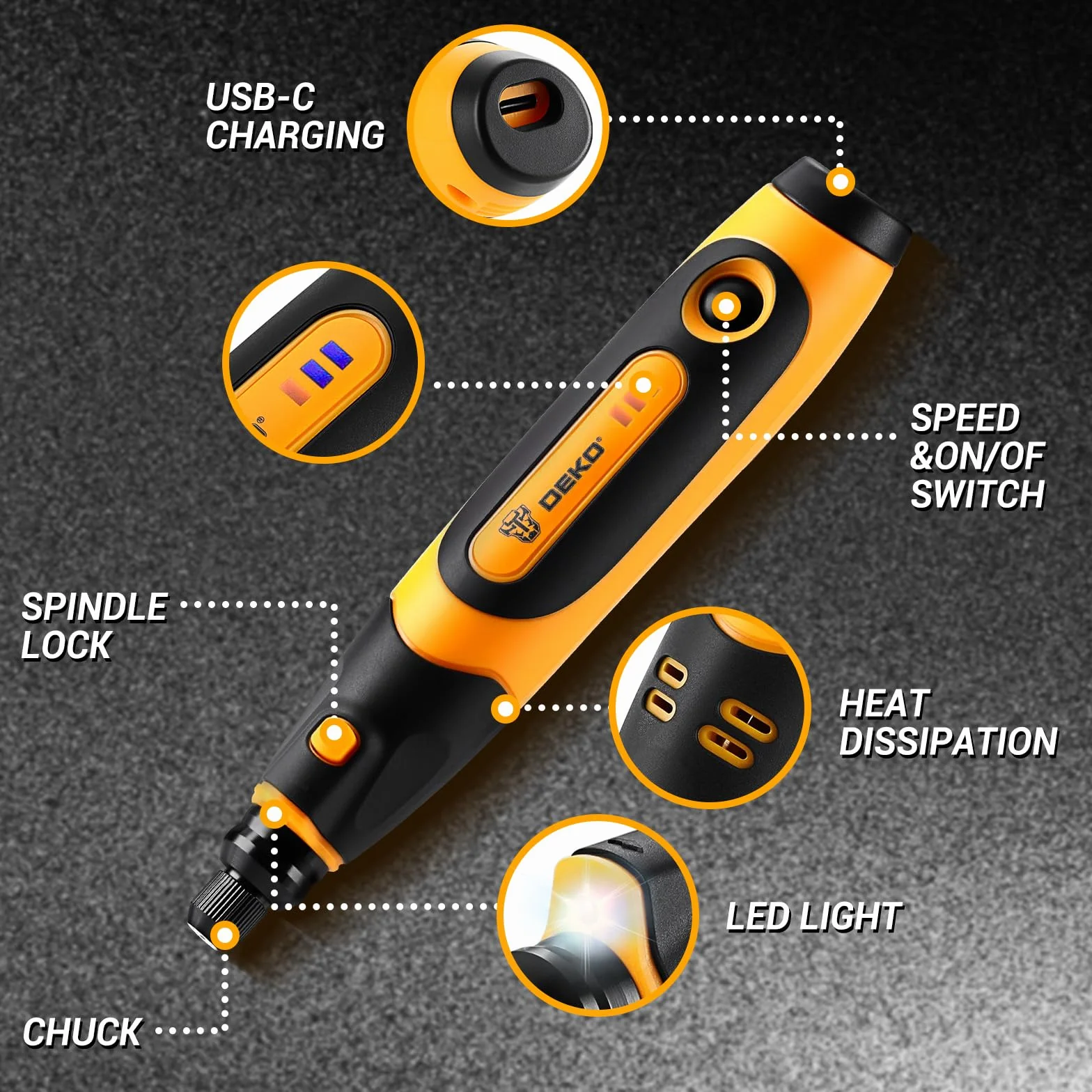 DEKOPRO 3,7 V Utensile Rotativo Ricaricabile con 70 Accessori per Levigatura, Indicatore di Velocità Variabile, Ricarica Tipo C