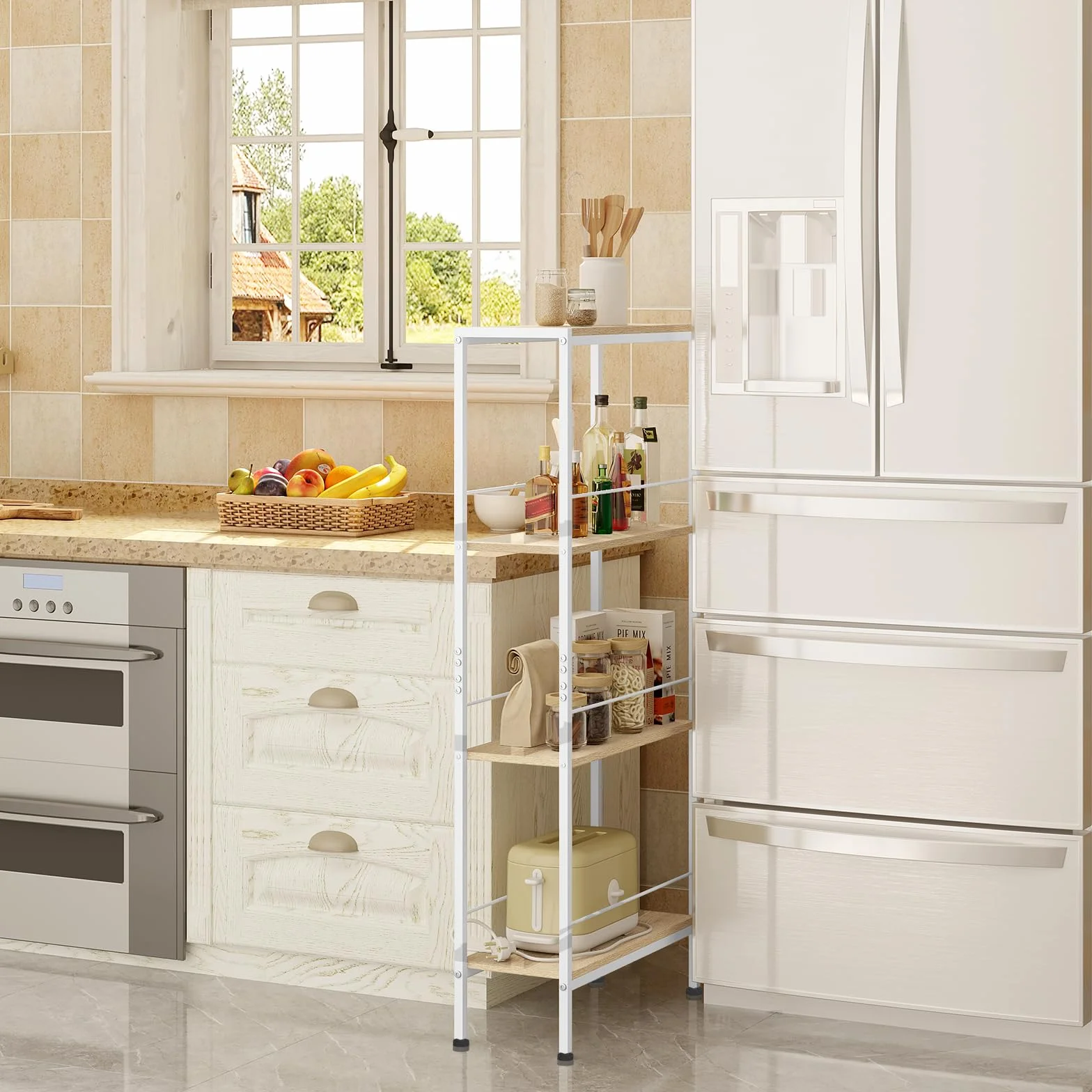 WOLTU Scaffale Salvaspazio da Cucina a 4 Ripiani, Scaffale Angolare per Bagno, Soggiorno, Camera da Letto, Stile Nordico, in Legno e Metallo, Rovere Chiaro+Bianco, 50x20x110cm, RGB53whe