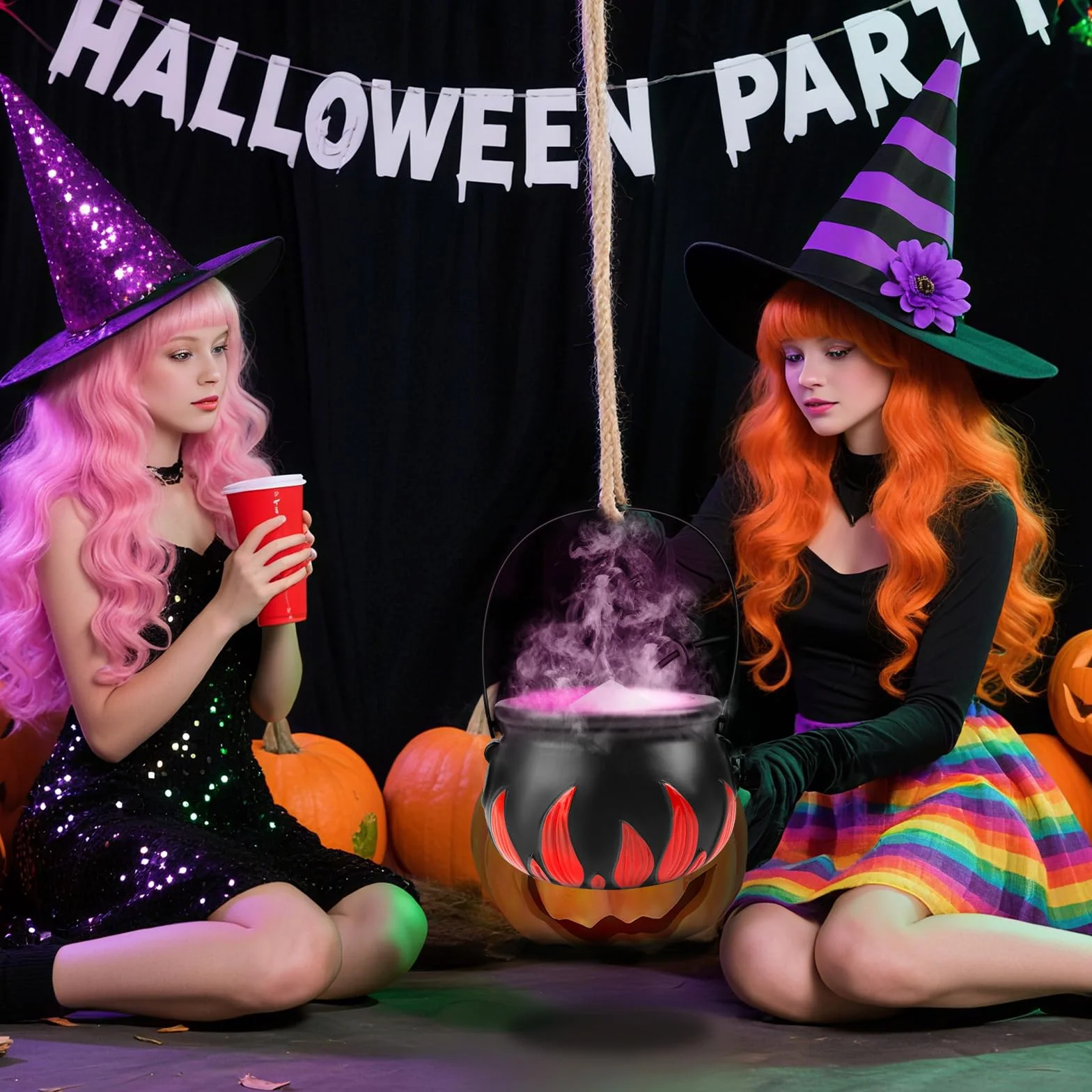 Calderone della Strega di Halloween con Creatore di Nebbia, 12 LED Cambia Colore, Fontana di Nebbia per Interni