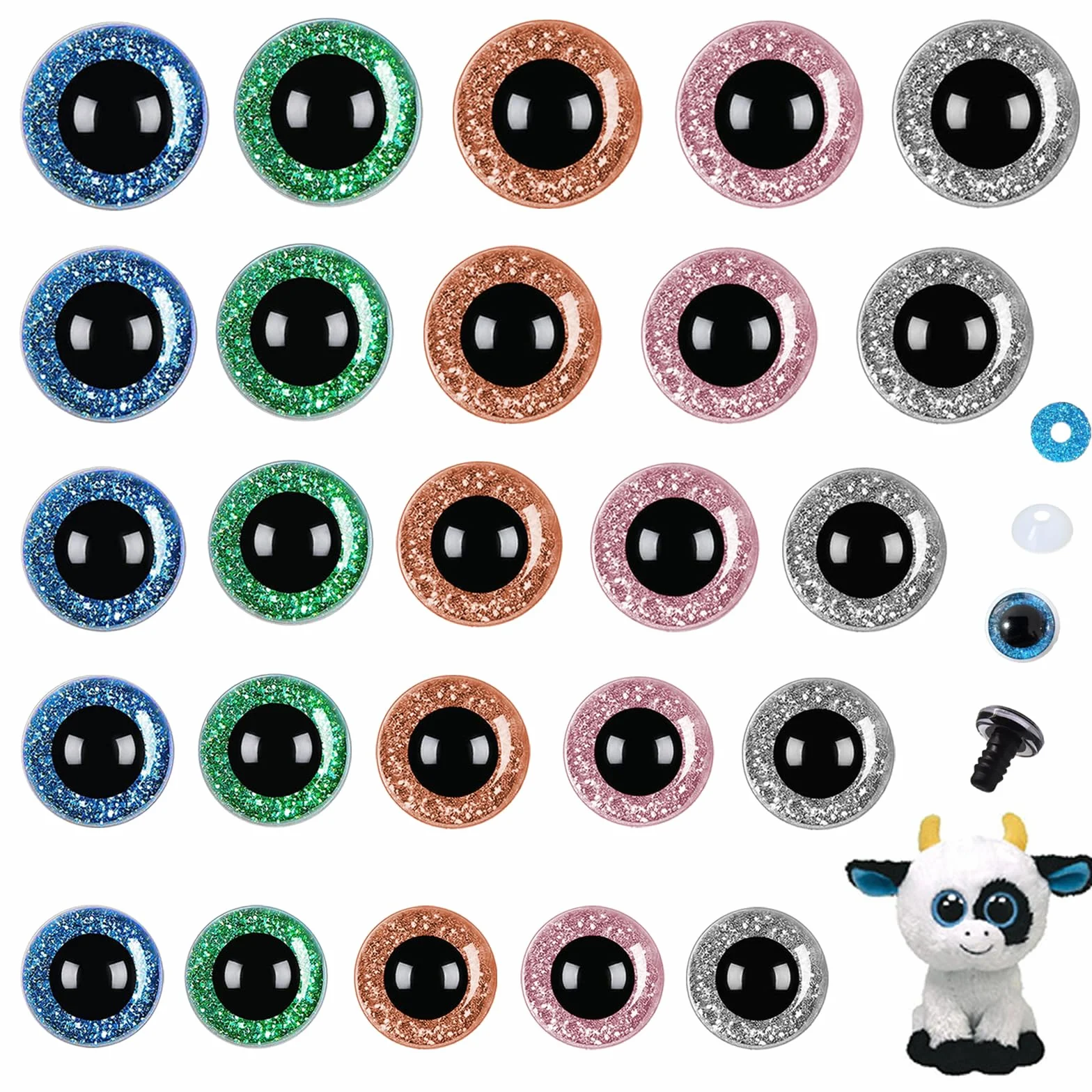 50 Pezzi Occhi per Amigurumi, 12-20mm Occhi Amigurumi, Occhi di Sicurezza per Amigurumi, Glitter Occhi per Pupazzi, Safety Eyes, Occhi Glitterati per Animali con Rondelle per Creazione Bambole