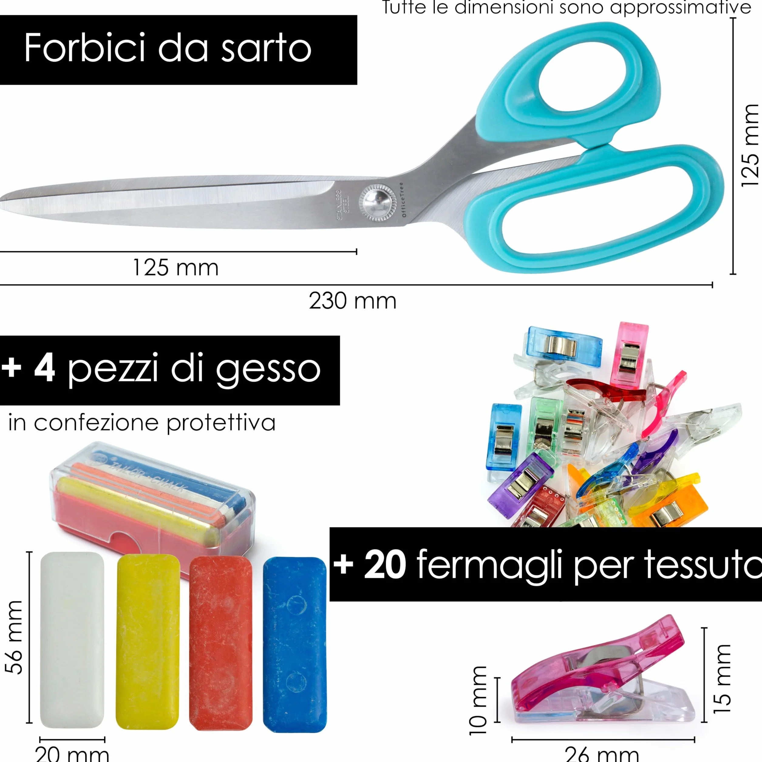 OfficeTree Forbici per sartoria, set professionale, 20 mollette per stoffa e 4 gessetti, forbici in tessuto, forbici per tessuti con accessori da cucito, forbici per tessuto, forbici per tessuti,