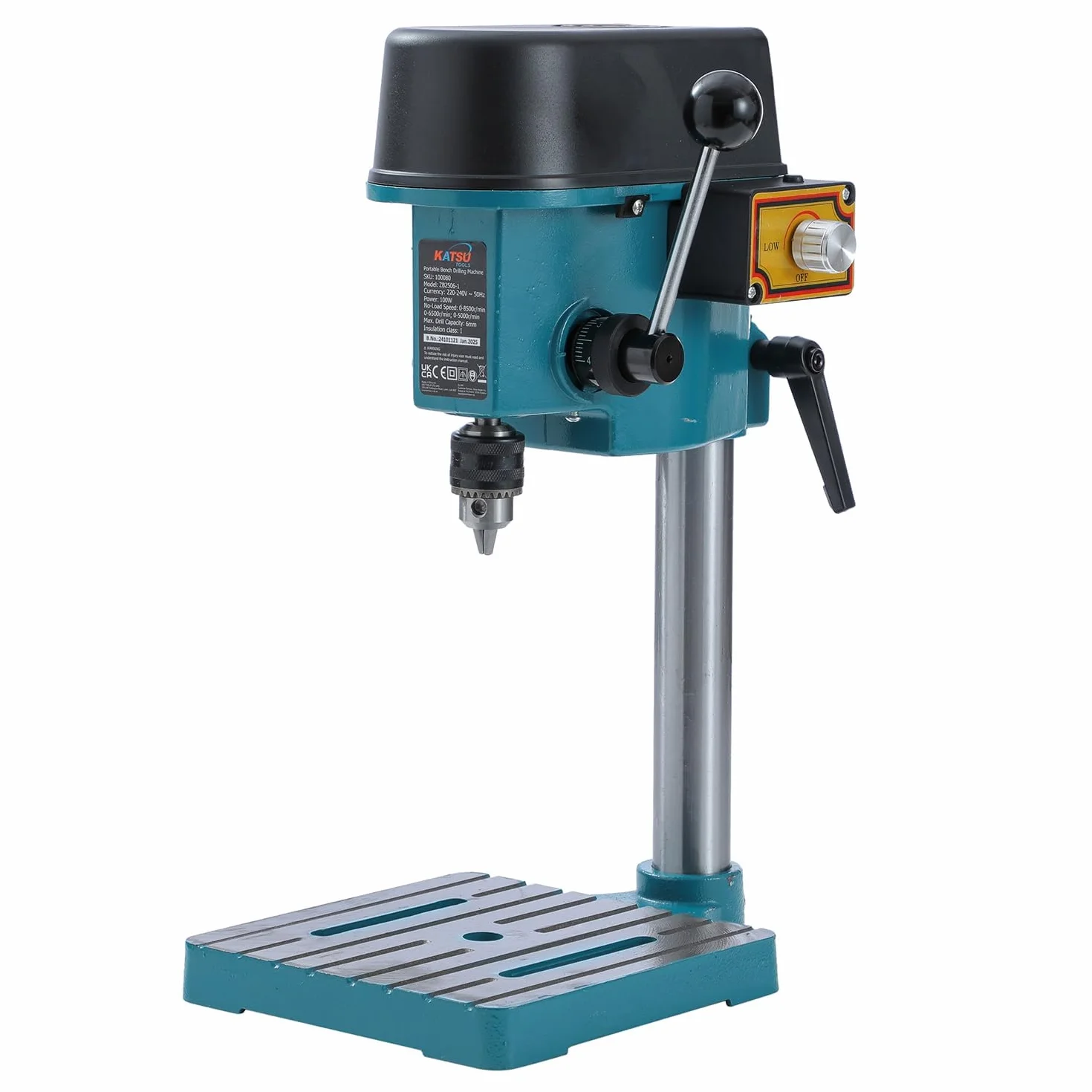 KATSU 100W Mini Trapano a Colonna Supporto per Banco da Lavoro con Interruttore Elettronico a Velocità Variabile e Mandrino da 6 mm per Legno, Metallo e Plastica