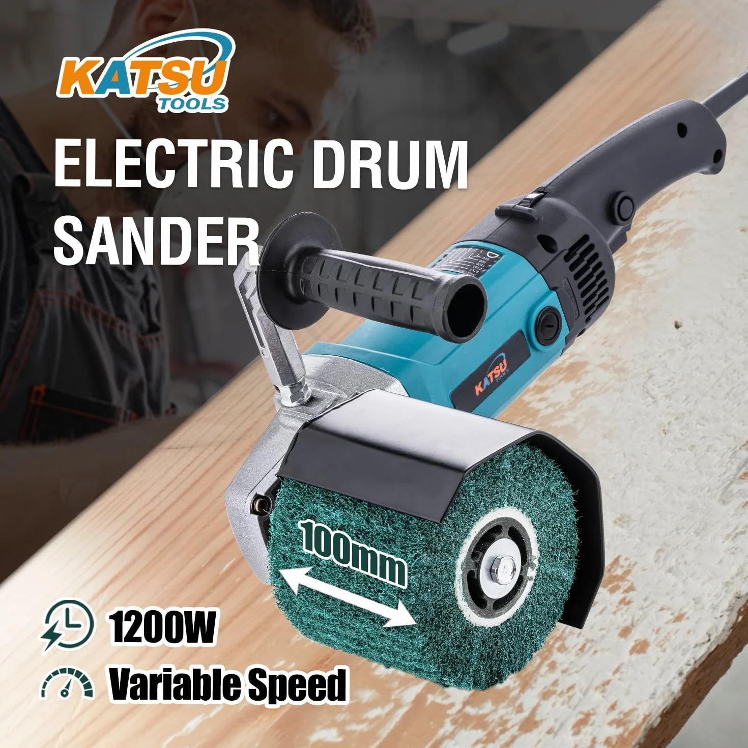 KATSU Tools Levigatrice a tamburo elettrica 1200 W – brunisher/politrice 6 velocità per finitura