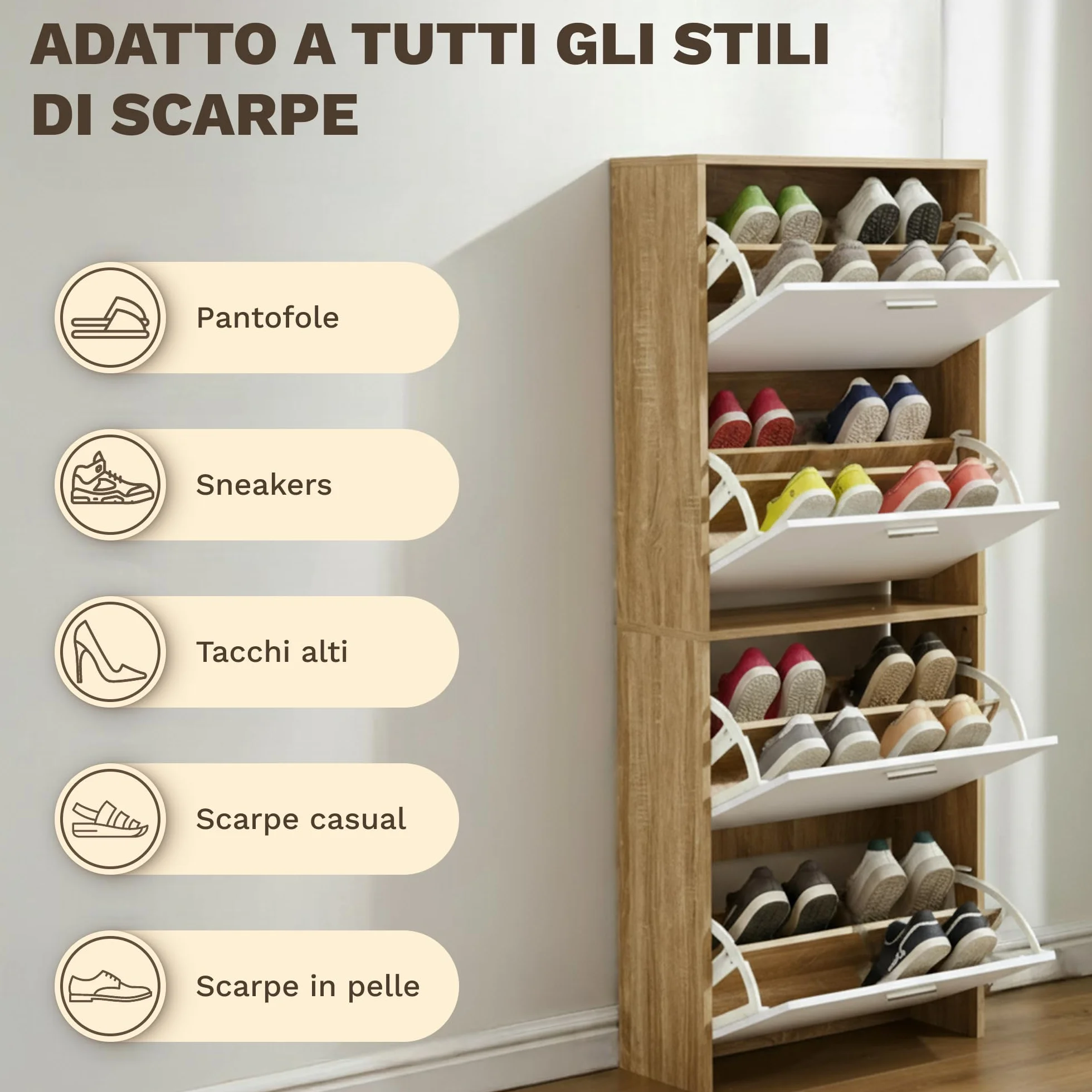 CATAVANA Scarpiera salvaspazio slim 60 cm in legno bianco, scarpiera da ingresso con 4 ante, scarpiera 24 paia, design moderno alto e stretto, ideale come portascarpe ingresso