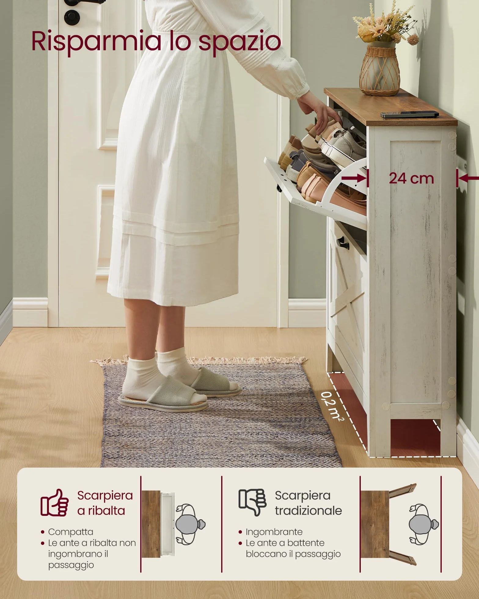 VASAGLE LIRY Collezione - Scarpiera con 2 Scomparti a Ribalta, Scarpiera Ingresso Slim, Stile Farmhouse, per 12-16 Paia di Scarpe, Bianco Vintage HSC201W01