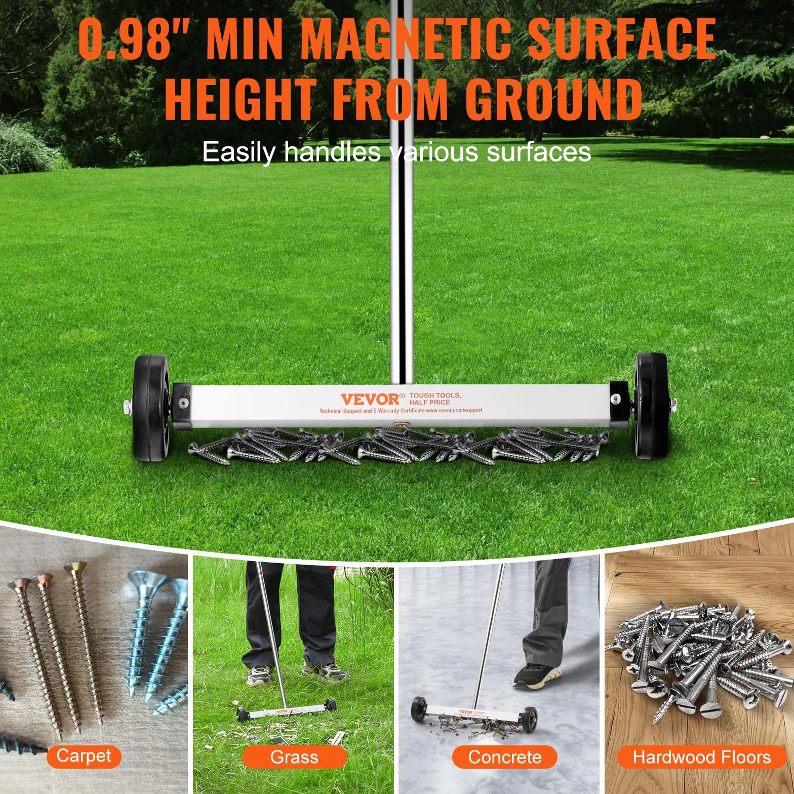 VEVOR Spazzatrice Magnetica 38cm, Maniglia Regolabile, Cap. Max. 3,6kg per Chiodi e Viti, Pulizia Garage Officina