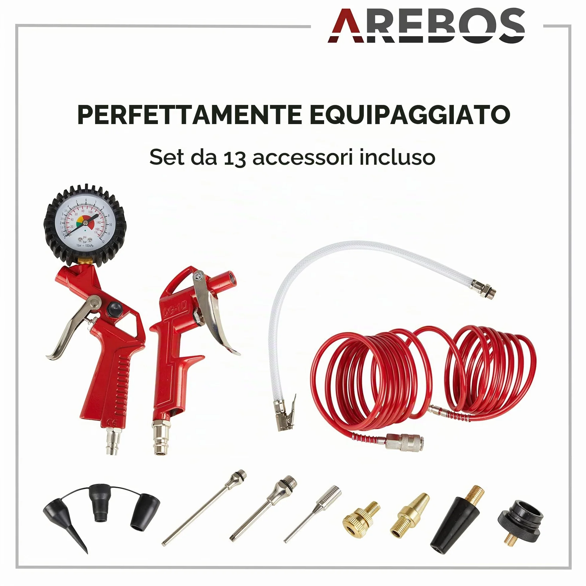 Arebos Compressore ad aria compressa 1500W | 30l | incluso set da 13 pezzi | senza olio | 240 L/min | doppio attacco Euro | 10bar| Capacità: 50 l, 30 l o 6 l (30 litri)