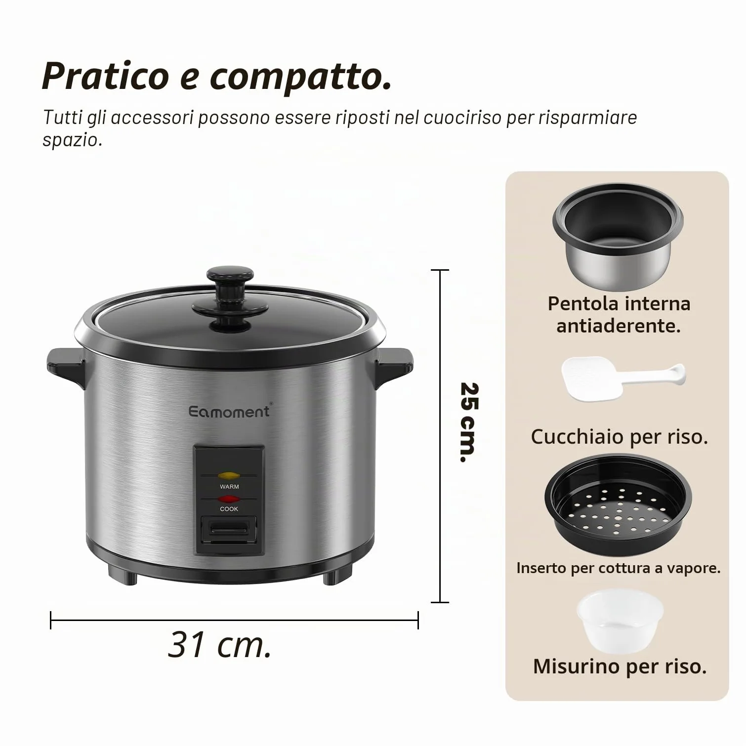 ERC-10CSL 1.8L | 700W Cuociriso & Vaporiera 2 in 1 (1-10 Persone) Pentola rimovibile non antiaderente, Spatola e misurino inclusi, coperchio di vetro
