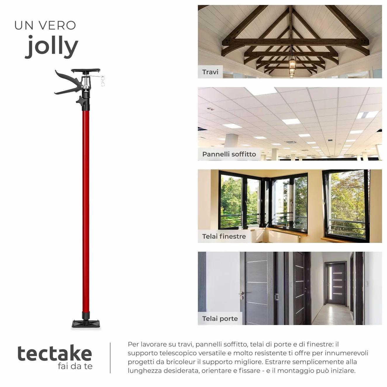 tectake® 2 Puntelli telescopici regolabili 20x8x115cm, Set 2 Pezzi Asta Telescopica fino a 290 cm, Portata 30 kg cad., Piastra di supporto antiscivolo, Supporto Solai, Cartongesso, Edilizia - Rosso