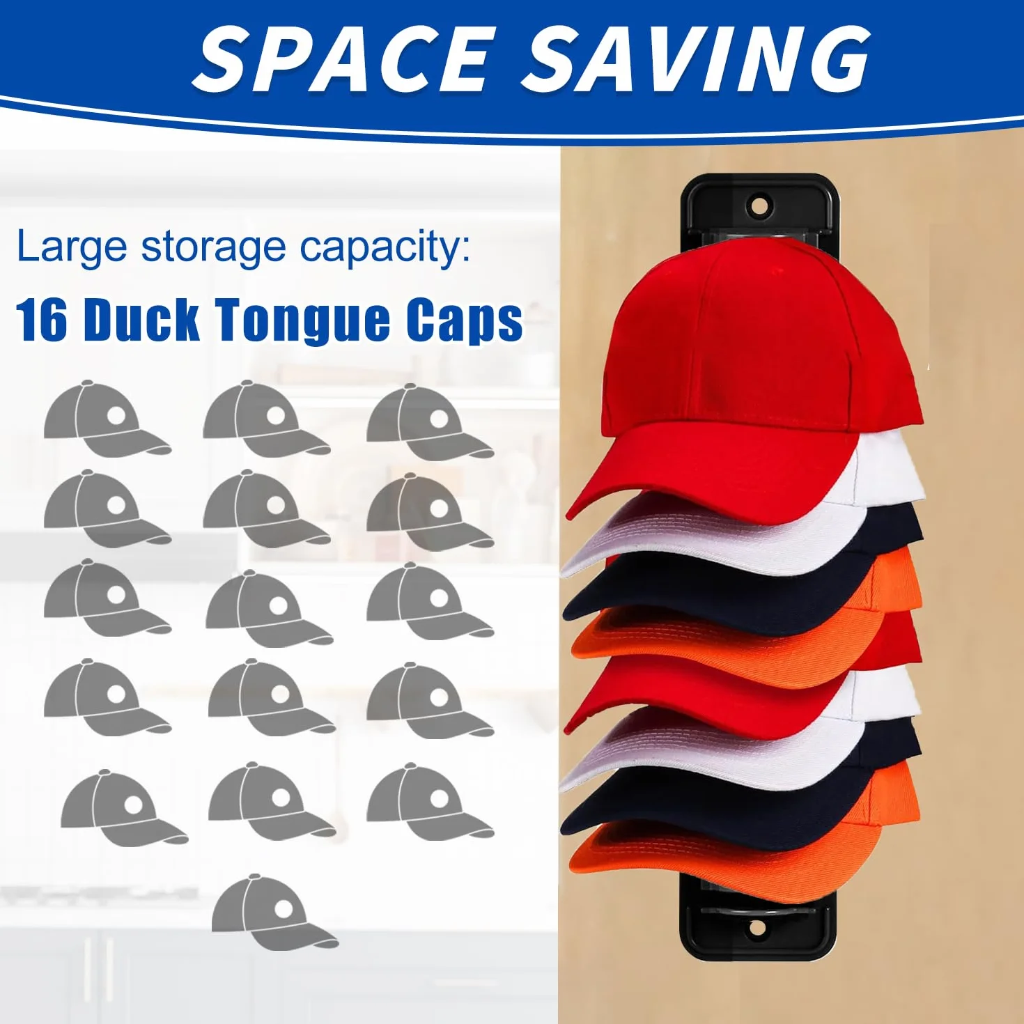 Porta Cappelli Parete Autoadesivo, Organizzatore Baseball Cap, Cappelliera 16 Cappelli, Nero