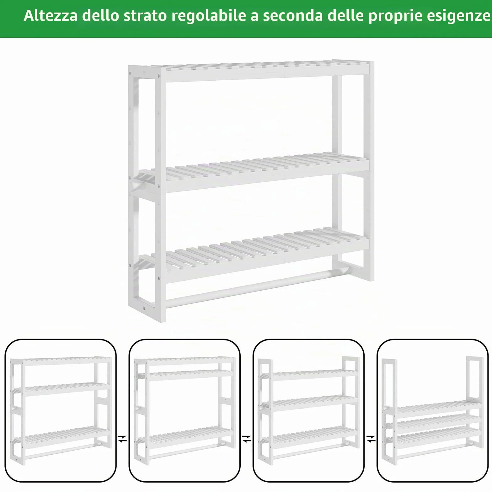 Mensola portaoggetti da bagno, 15 cm di profondità x 50 cm di larghezza x 53,2 cm di altezza, 3 livelli regolabili, montaggio a parete in bambù con barra, scaffale bianco, asta appendiabiti per bagno
