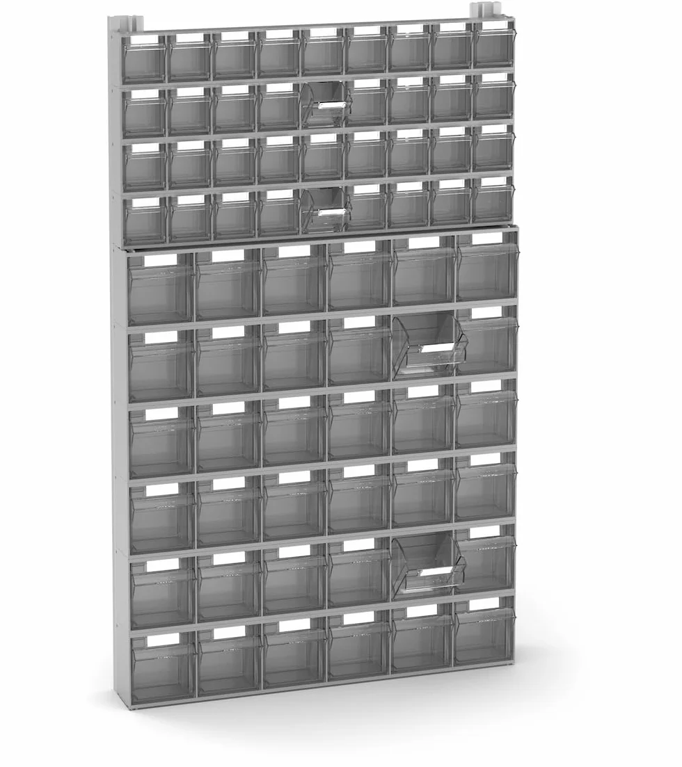 FAMI - Pannello Porta Minuteria da Muro per Garage e Officina, 72 Cassetti Trasparenti Visual Box di Due Dimensioni, 10 Cassettiere Modulabili, Scaffale Portautensili, Dimensioni: 60,2 x 11,4 x 100 cm