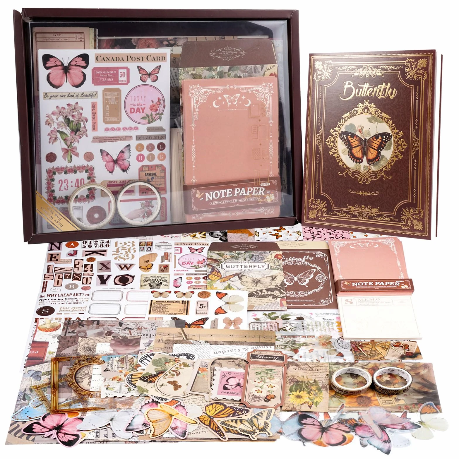 395 Pezzi Vintage Adesivi Decorativi Scrapbooking con Quaderno a Griglia A6, Accessori per Scrapbook Farfalla con Scrapbooking Sticker Regalo Fai da te per Ragazzi e Bambini per Diario Calendario